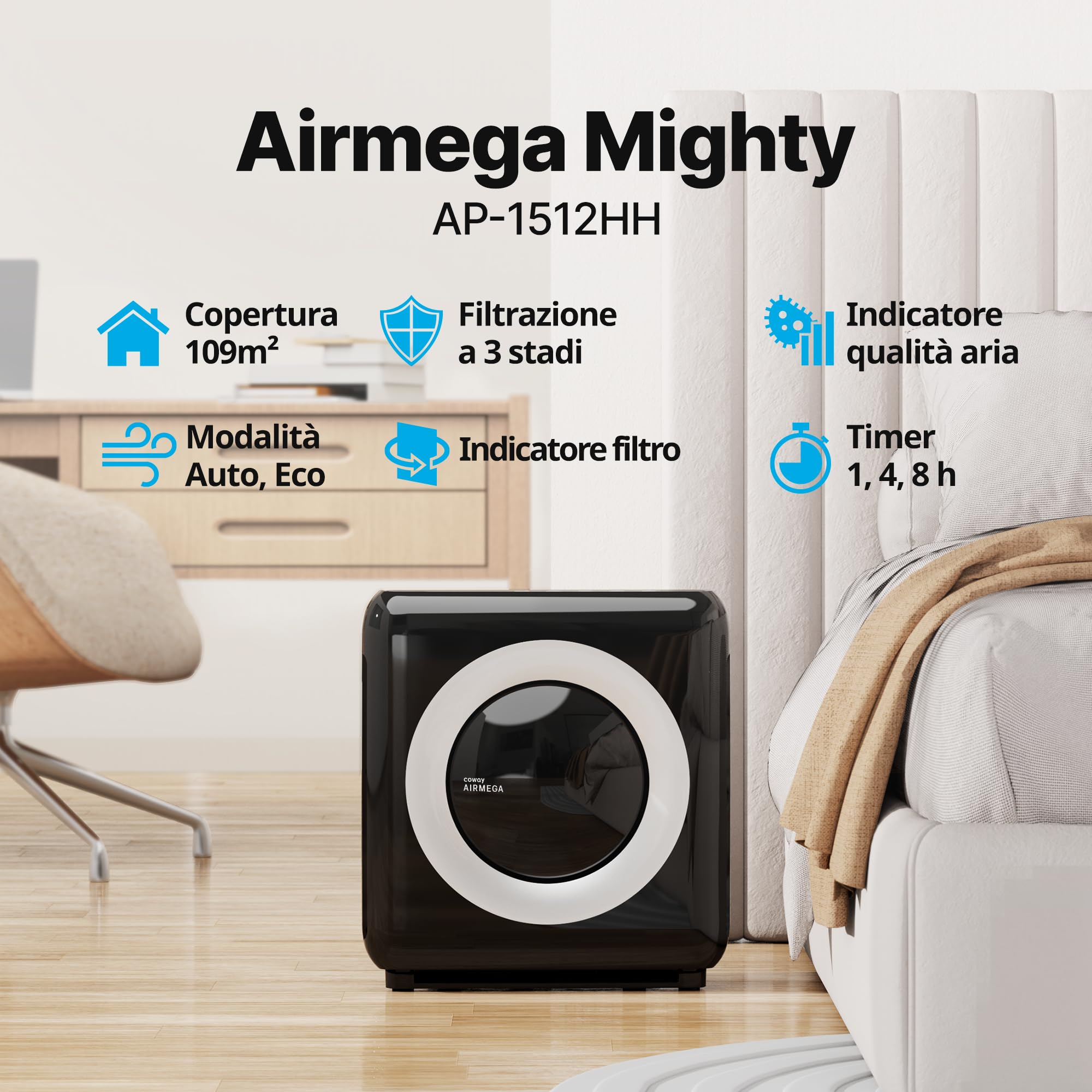 COWAY Purificatore d'aria con filtro HEPA, ionizzatore, prima scelta di Wirecutter, rimuove il 99,999% di particelle nocive fino a 0,01 µm per allergie, CADR 421 m³/h, ap-1512hh MIGHTY (Nero)
