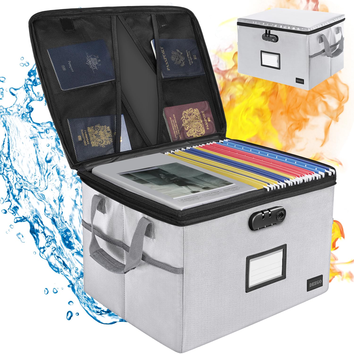 DEEGO Fireproof File Storage Organizer, Water-Resistant Document Organizer with Lock, Portable File Box Cabinets with Handle, Document Safe for Home