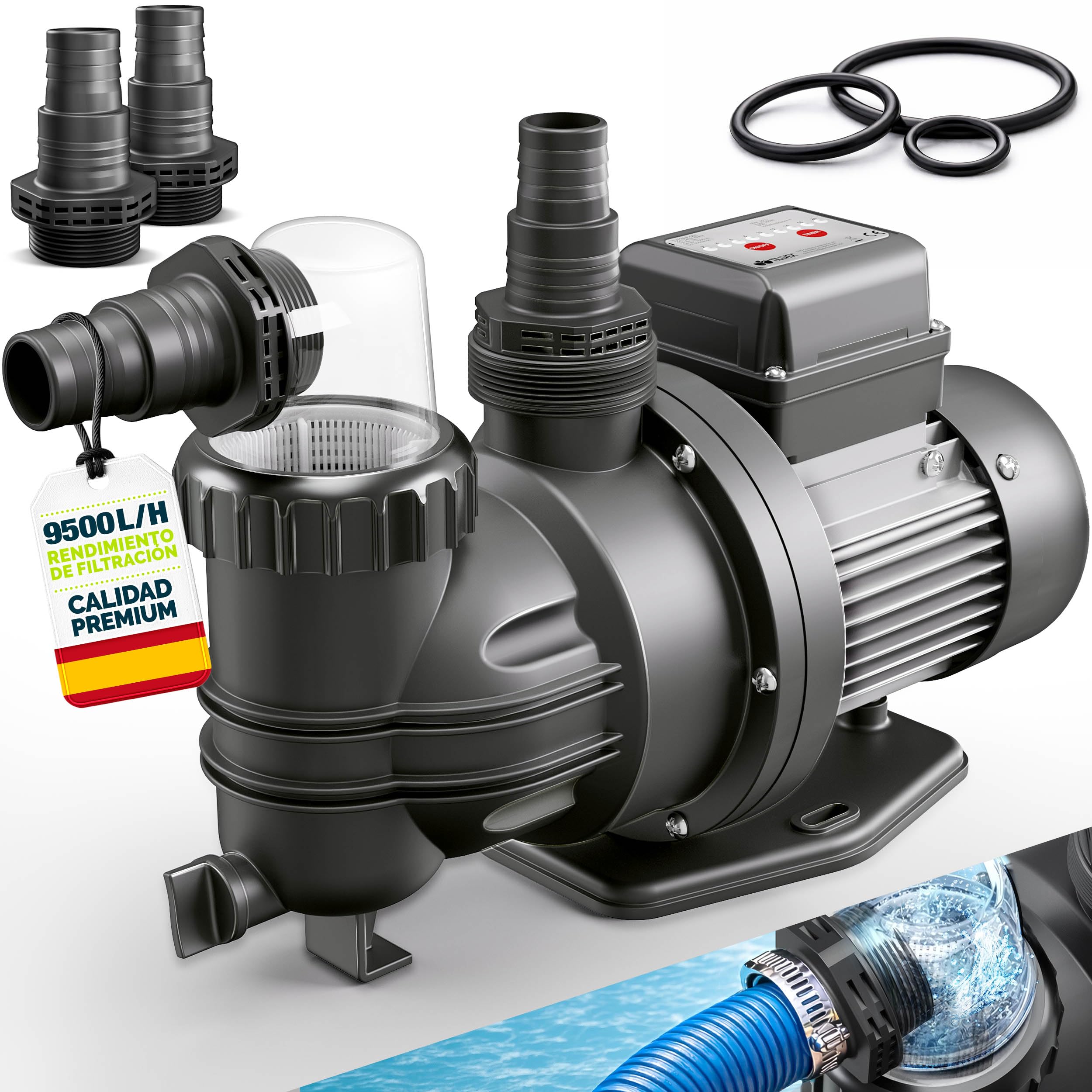 tillvex® Bomba de filtro piscina con temporizador 9 500 L/h & 550 W | Altura de impulsión máx. 10 m | Bomba de circulación para piscinas 40 m³ | Autoaspirante piscina desmontable & spa con prefiltro
