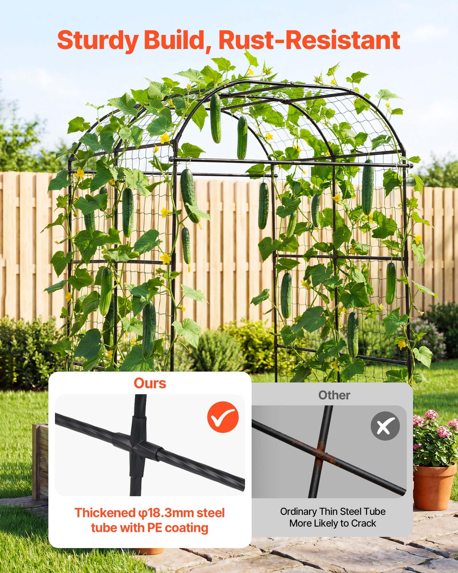 VEVOR Treillis à Concombres Forme Arche Treillis de Jardin Métal Support Plante Grimpante Extérieur pour Vignes, Pois, Haricots, Courgettes, Tomates, Fleurs, Revêtement Plastique PE, 181x165x210 cm