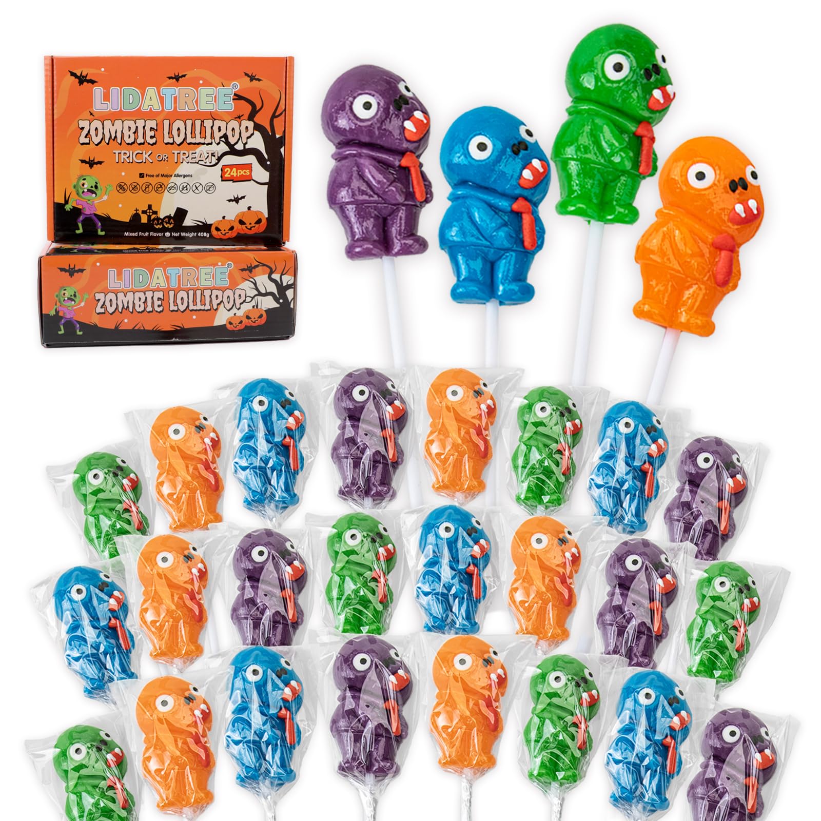 Halloween Lollipop Suckers Individually Wrapped Bulk - Zombie Spooky Candy Lollipops - Halloween Candies for Kids Goody Bag Fillers and Party Favors - Trick or Treat - 24 Pack