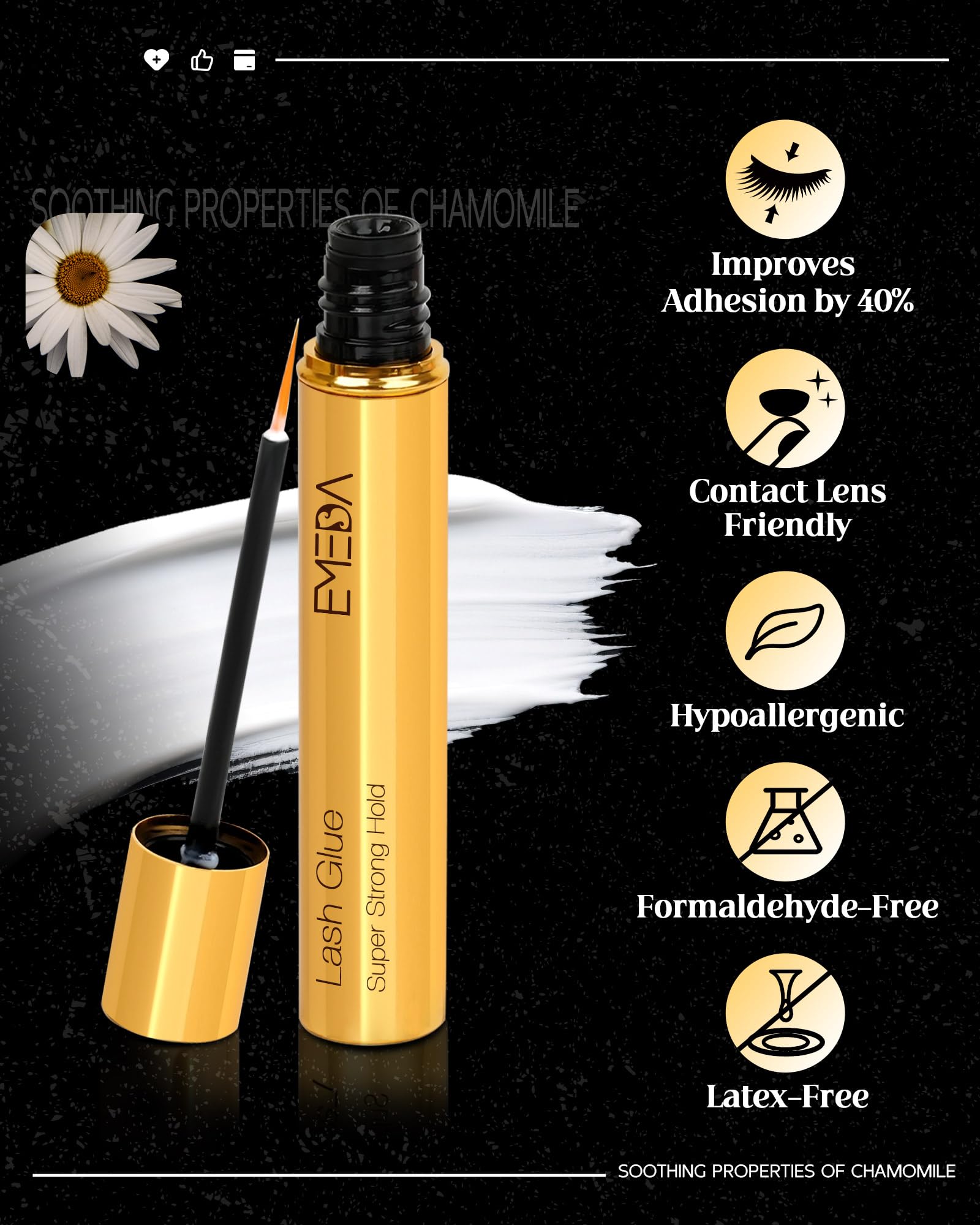 Lash Eyelash Glue Adhesive Waterproof - Chamomile Super Strong Hold Latex Free Hypoallergenic Formaldehyde-Free Strip Eyelash Adhesive 5ml 0.17fl.oz Clear Lash Glue by EMEDA