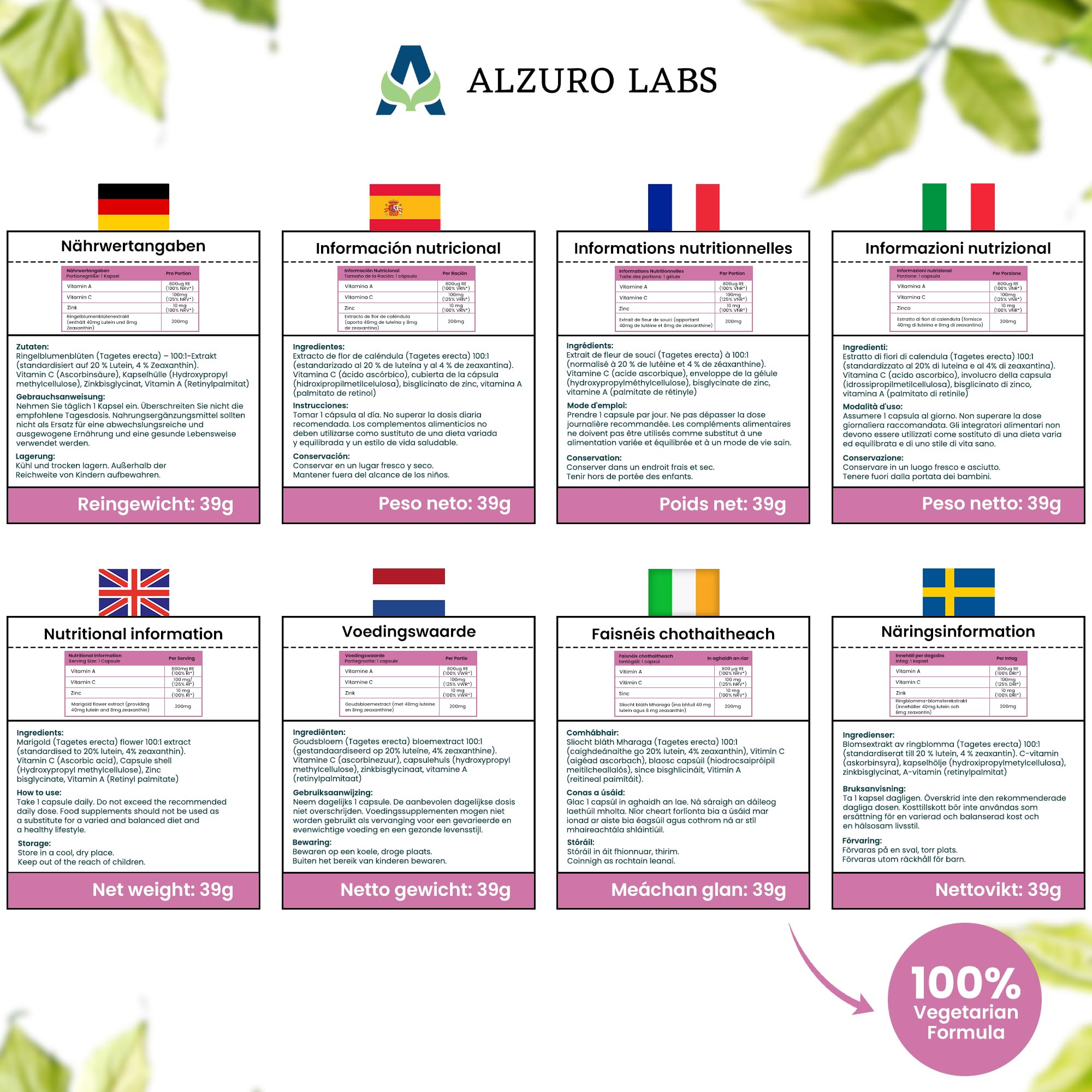 Lutéine 40 mg & Zéaxanthine 8 mg | complexe yeux hautement dosé | vitamines A, C & zinc | vision normale | 90 gélules végétales | BPF & testé en laboratoire tiers