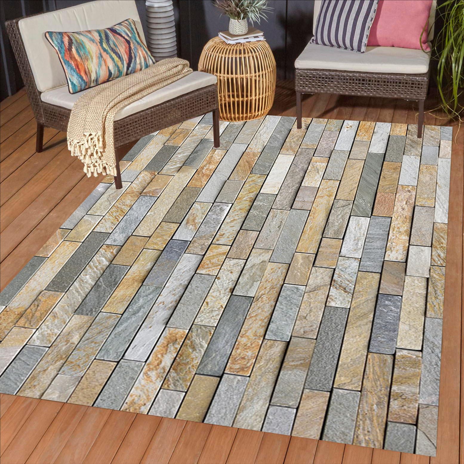 Modern Abstract Beige Brown Grey Stone Brick Texture Outdoor Waterproof Area Rug for Patio Porch Garden Camping Rustic Farmhouse Outside Rugs Washable