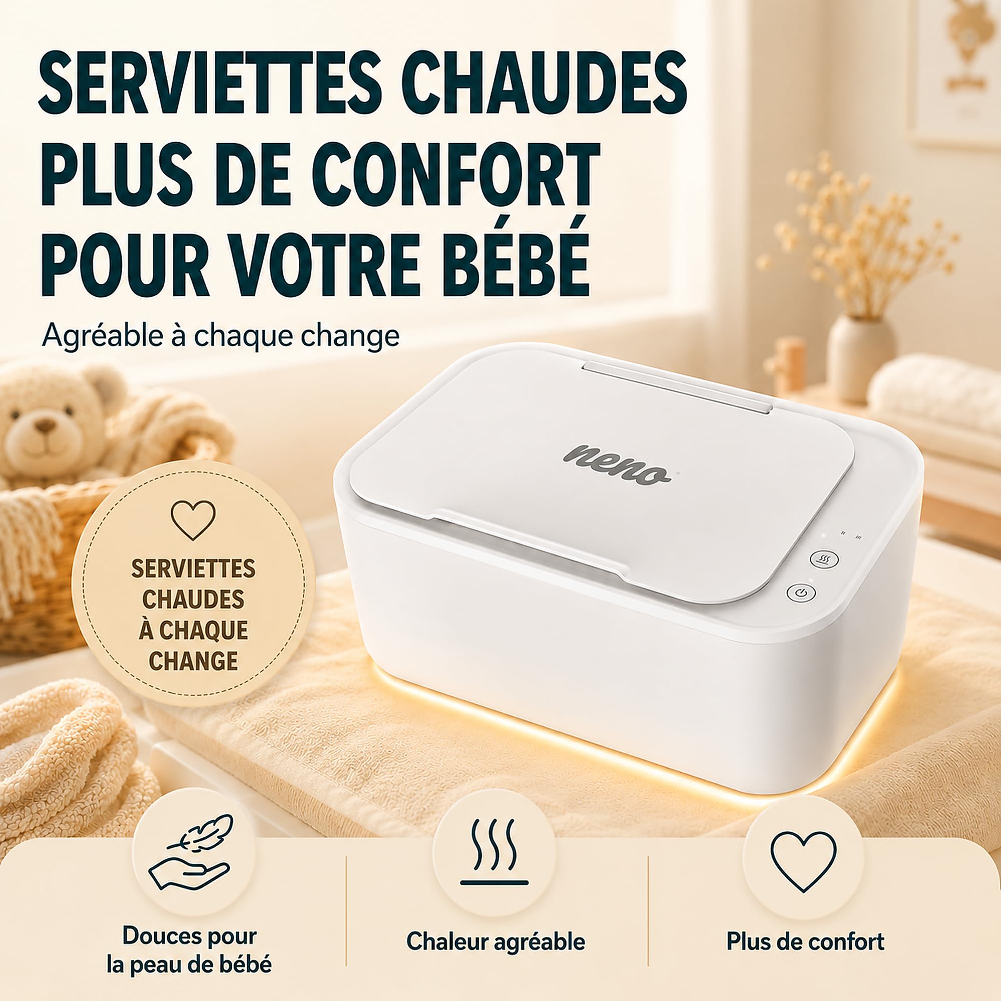 Neno Calor Chauffe Lingettes Bébé Électrique, Chauffe Lingettes Humides avec 3 Niveaux de Température, Écran Tactile, Maintien de l’Humidité, Silencieux, Base Antidérapante, 150 Lingettes
