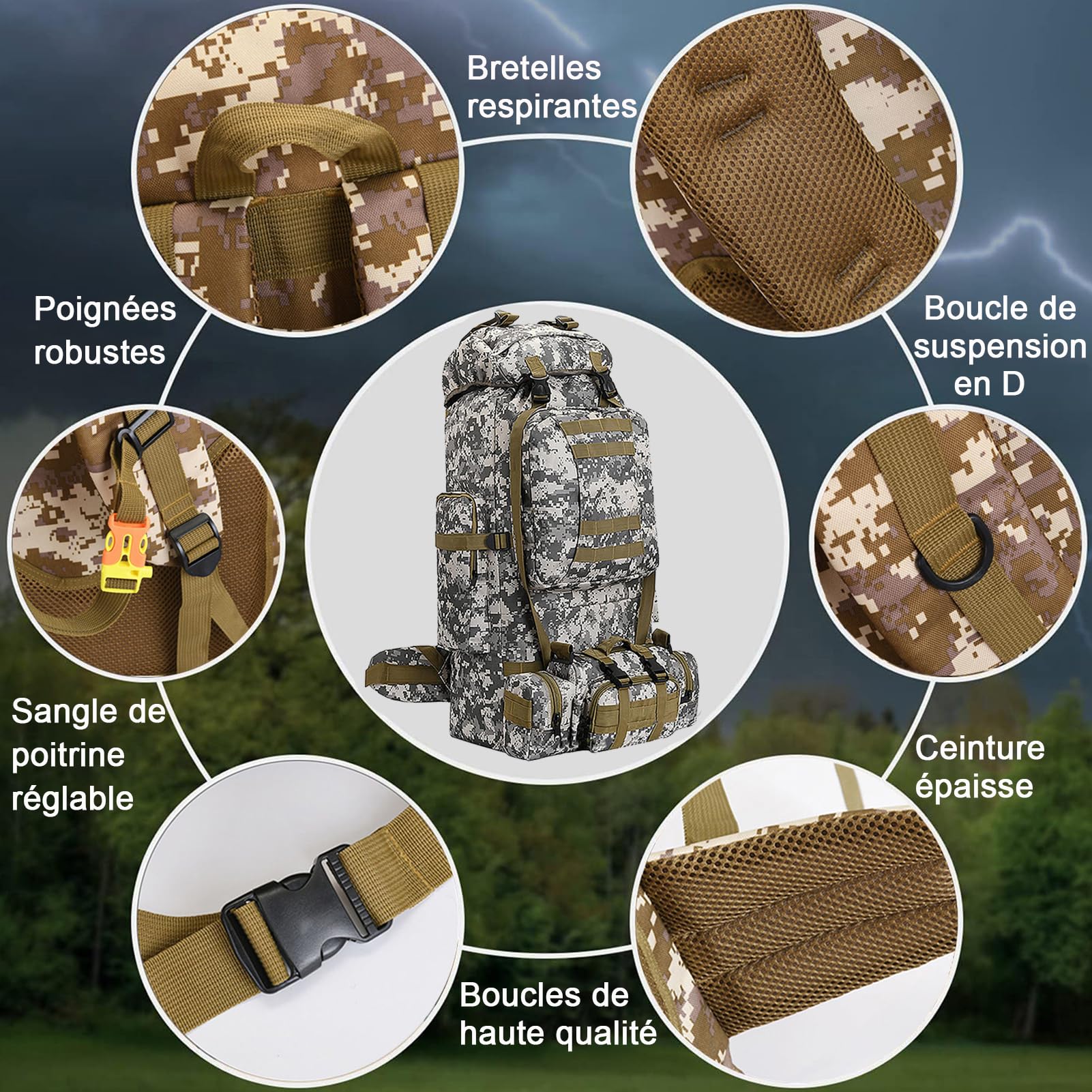 Grand Sac à Dos de Camouflage 2 en 1, 100L Sac à Dos de Randonnée Militaire Tactique Molle Sacs a Dos Etanche Survie Armee Sacs a Dos d'urgence idéal pour Trekking, Camping Voyage, Alpinisme