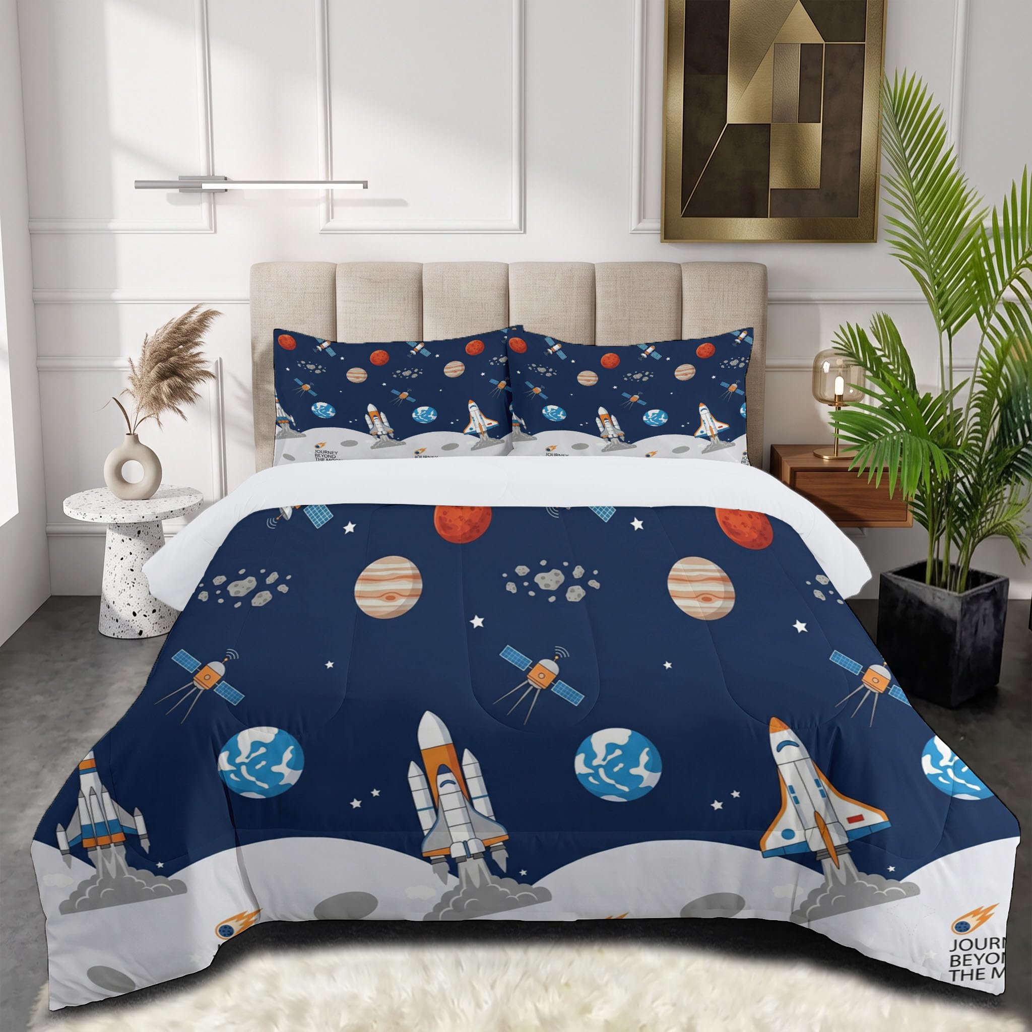 Piumino Letto Matrimoniale Base Satellitare Lunare 240X220 Cm Per 4 Stagioni, Piumone In Microfibra 200 G/M² Paesaggio Dell'Universo Cartoni Animati Invernale, Trapunta Morbida Traspirante, Blu Navy
