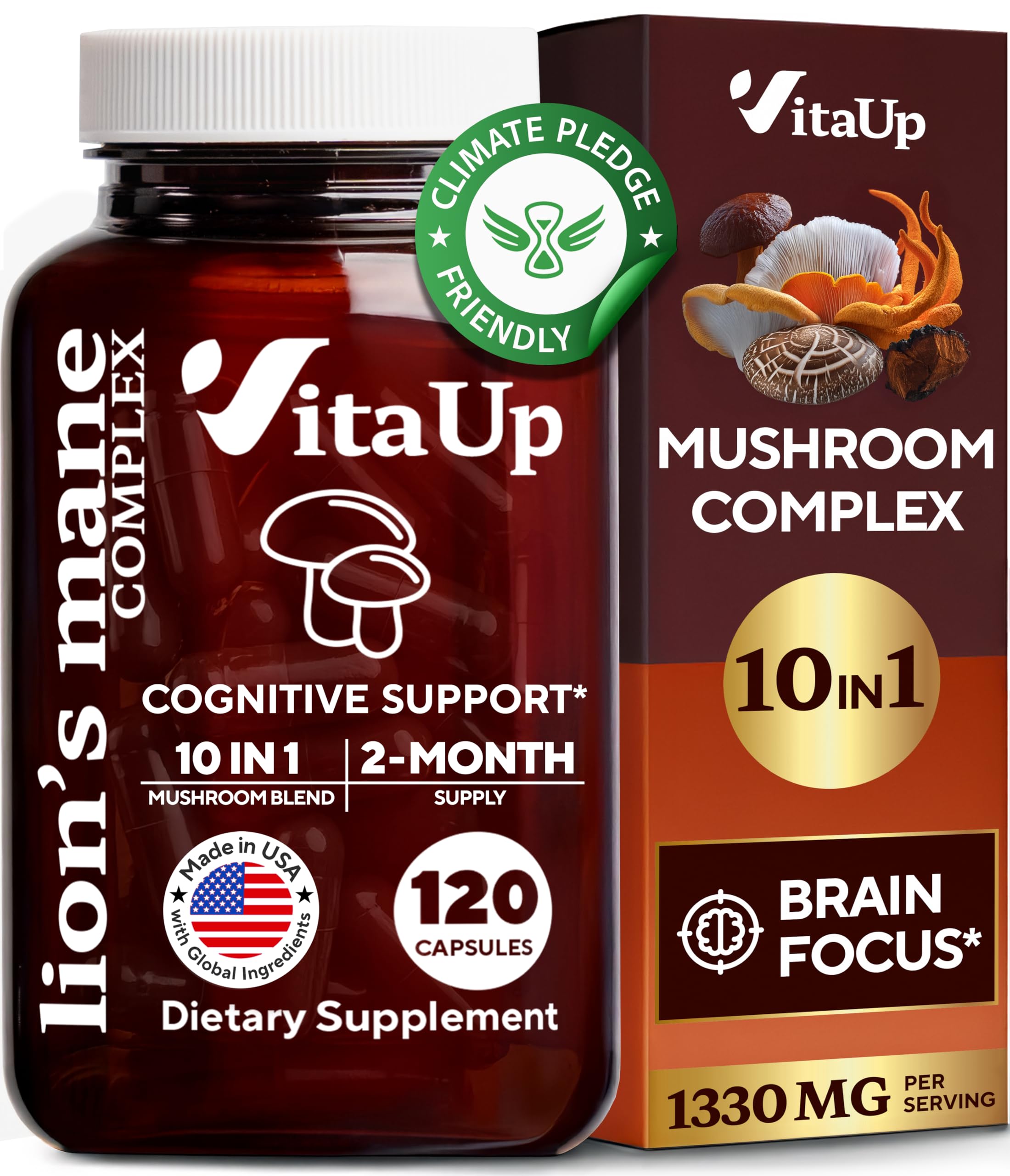Lions Mane Supplement Capsules - USA Made 10 in 1 Mushroom Supplement - Mushroom Complex with Lions Mane, Cordyceps, Turkey Tail, Reishi, Shiitake for Cognitive & Immune Support - 120 Count