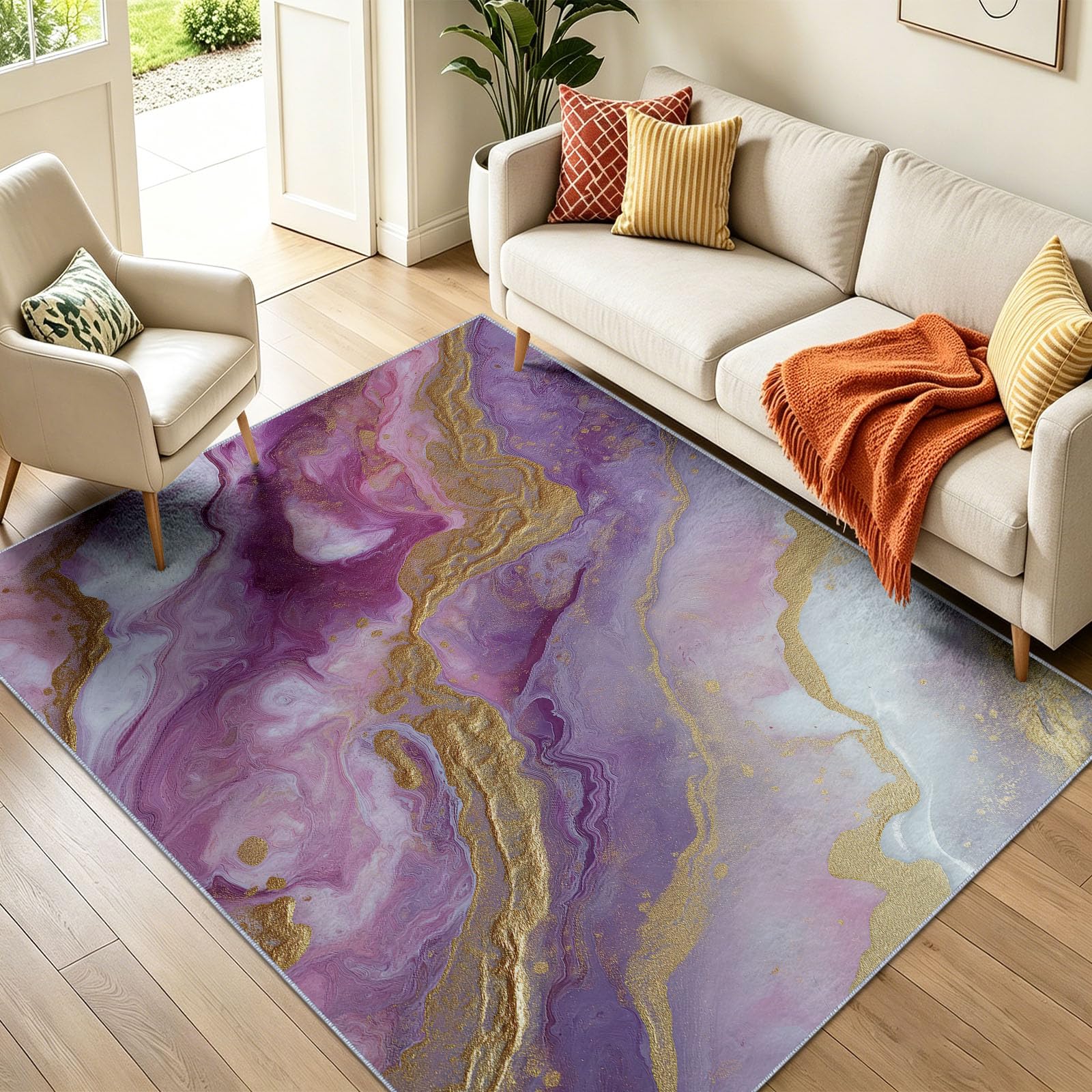 Nowoczesny abstrakcyjny dywan do salonu, 160 x 230 cm, nadaje się do prania, ultracienki, fioletowy, antypoślizgowy dywan do sypialni, jadalni, przedszkola, biura, marzycielski, płynna, złota folia