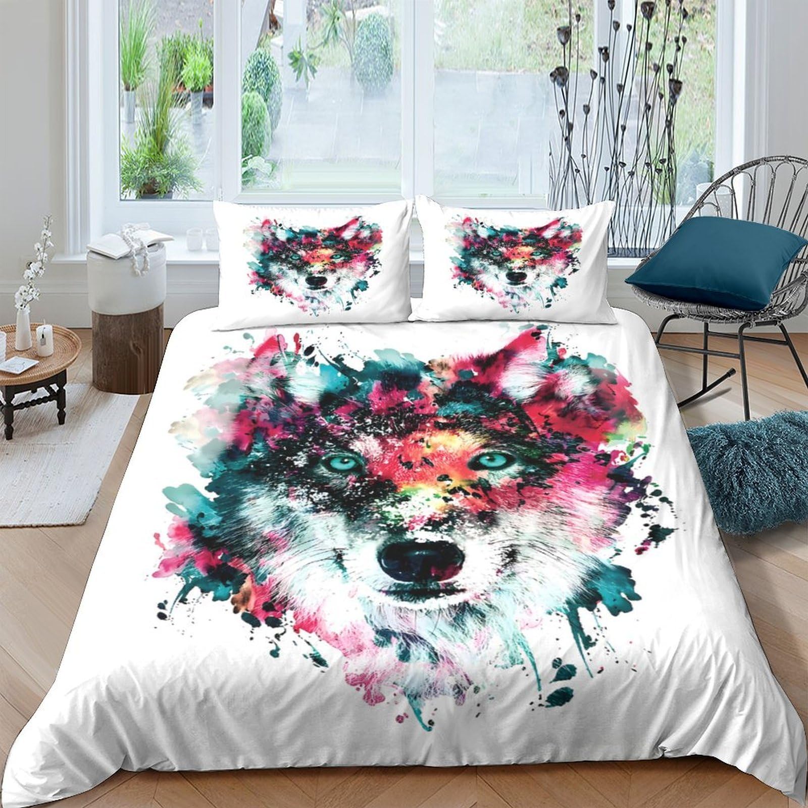 Ctjqhvkz Style-4 3D Printed Watercolor Wolf Fitted Sheet Microfiber Soft Bedroom Decor Artistic Splash Mattress Cover For Home Dorm Single（135X200cm）