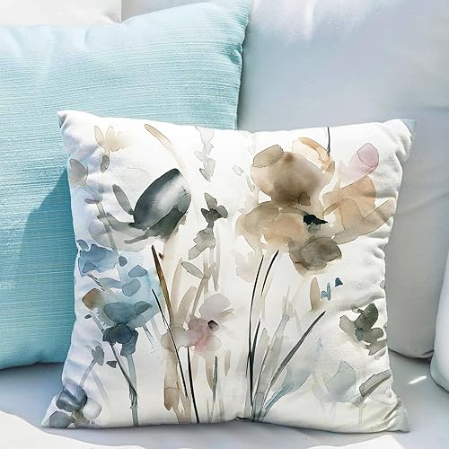 Miniatura 5 de Juego de 2 fundas de almohada florales de color marrón, crema, gris, verde azulado, para sofá de flores en acuarela de 22 x 22 pulgadas, fundas de