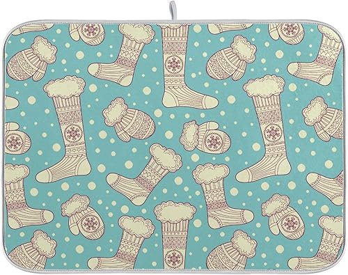 Merry Christmas Snowflake Blue Socks Drying Dish Mat Washnable Absorbent Kitchen Counter Top Mat Kitchen Countertop Mat Tapete Para Cocina 16'' x