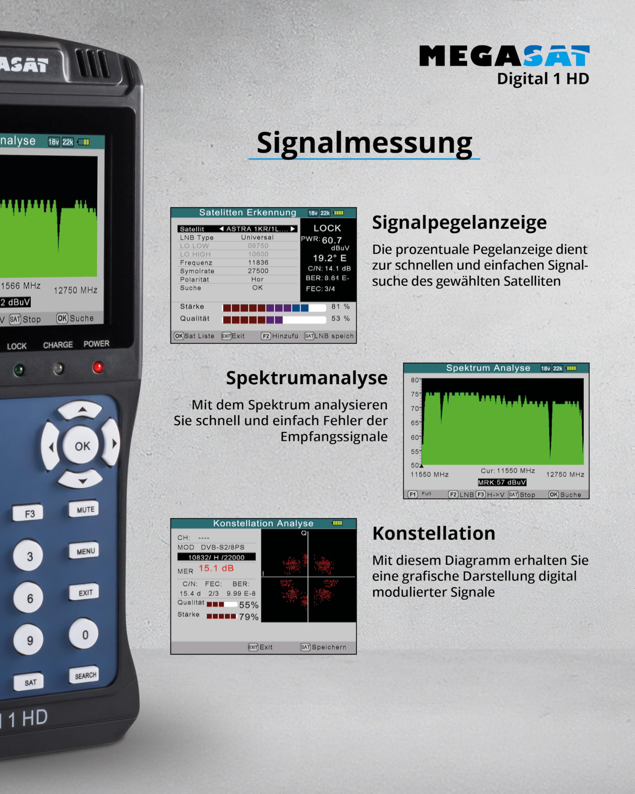 Megasat Digital 1 HD – Sat-Messgerät, Live-TV Bild, 3,5″ Farbdisplay | Für DVB-S & DVB-S2, Unicable, Akku