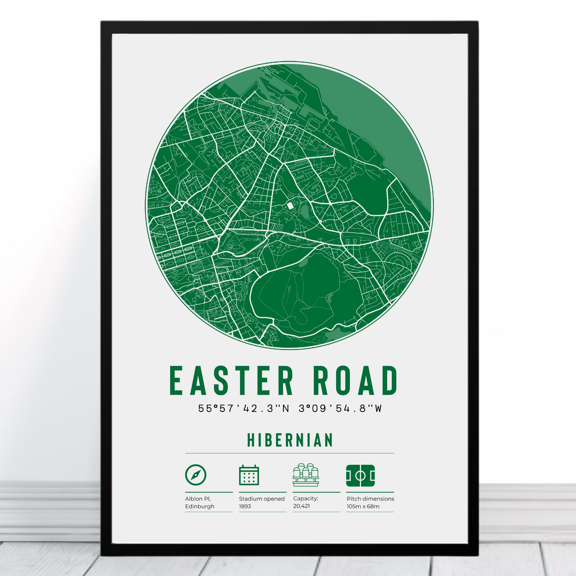 Hibernian Easter Road Stadium Map | Framed & Print Only Available | Hibs Gift FC Football Fan Poster Art Artwork Gift For Him Memorabilia | Father's Day Christmas Birthday