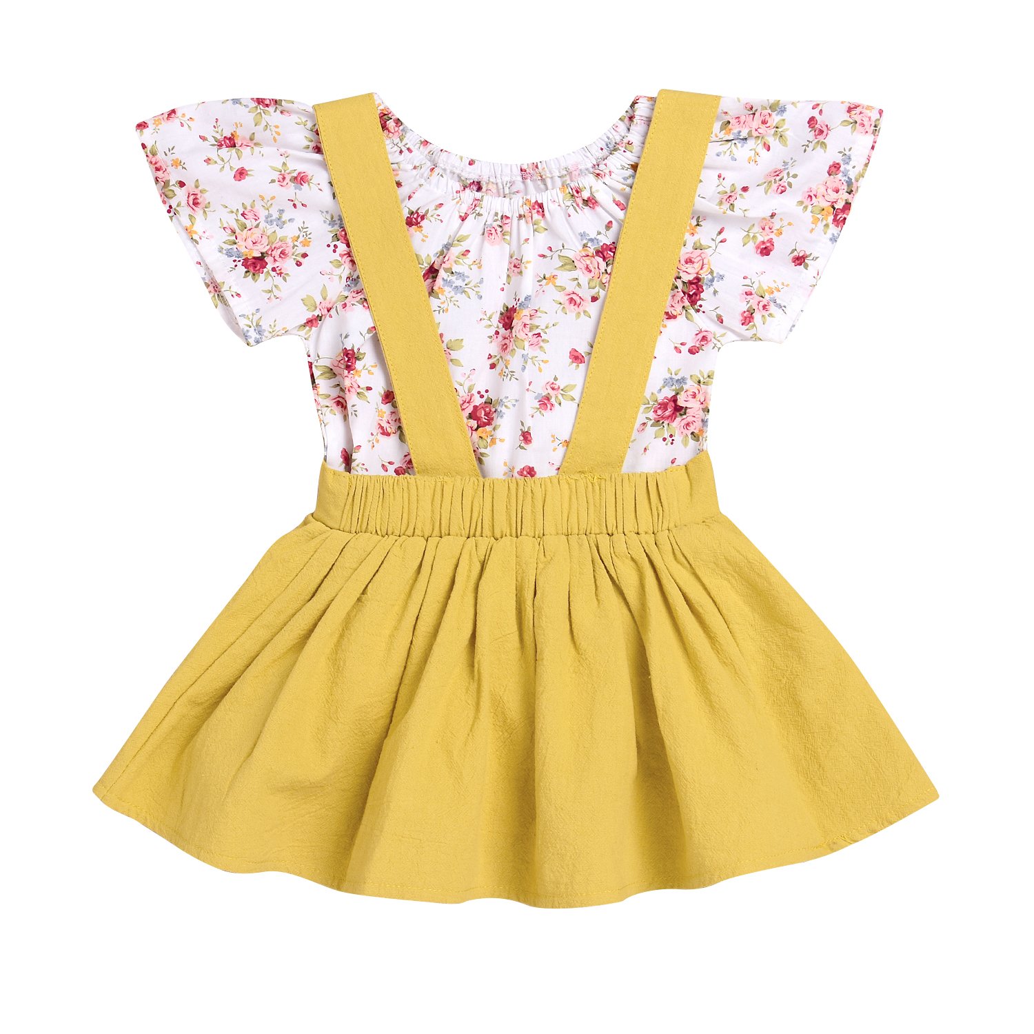 2Pcs Baby Girls Ruffles Floral Romper Top Bodysuit+Suspender Tutu Skirt Summer Sundress Party Suit (Yellow, 0-3Months)