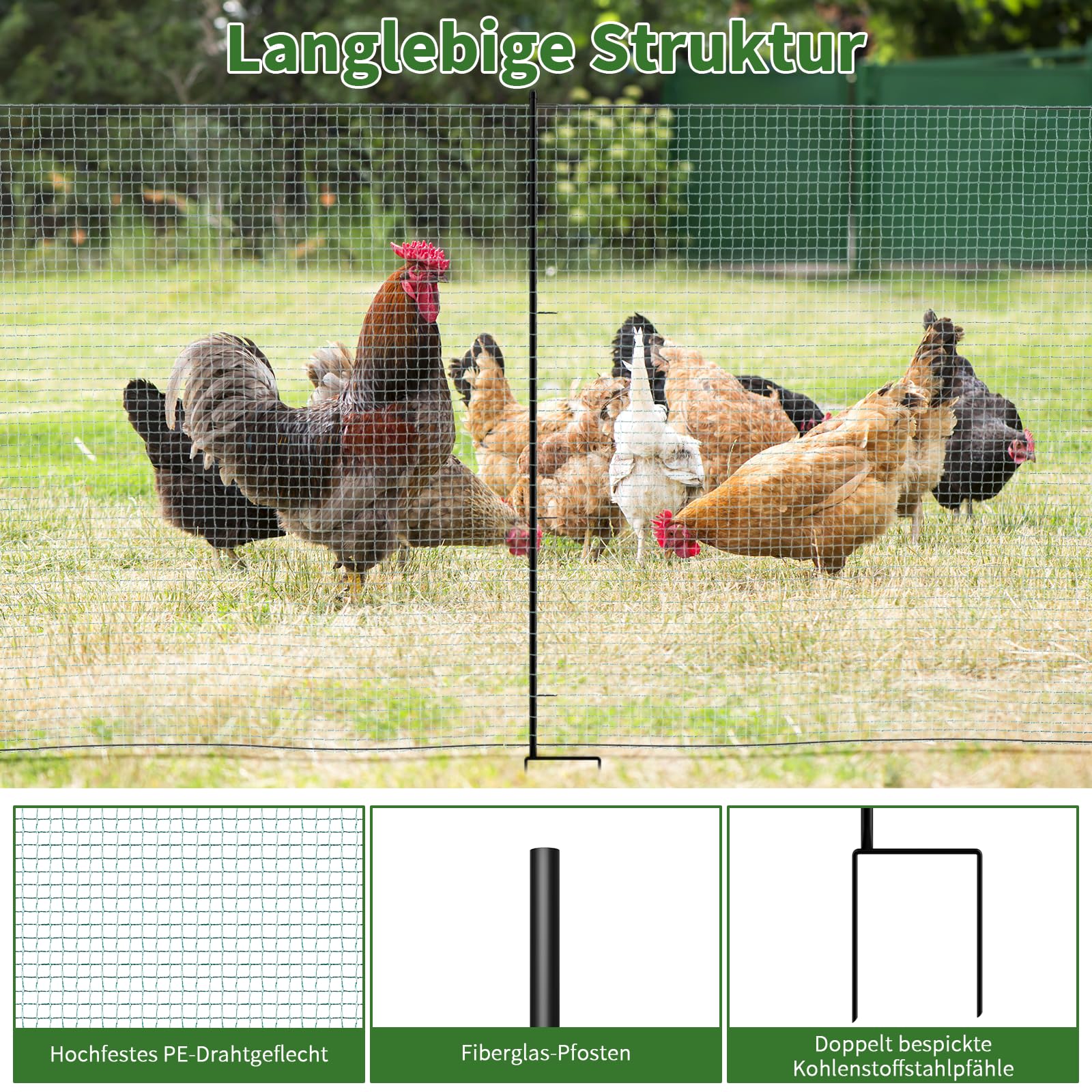Hühnerzaun 50m L x 100cm H - Nylon Geflügelnetz Engmaschig, Stabil & Langlebig - Mobiler Hundezaun Steckzaun Haustierzaun Begrenzungszaun Katzenzaun - Freilaufgehege Hühner