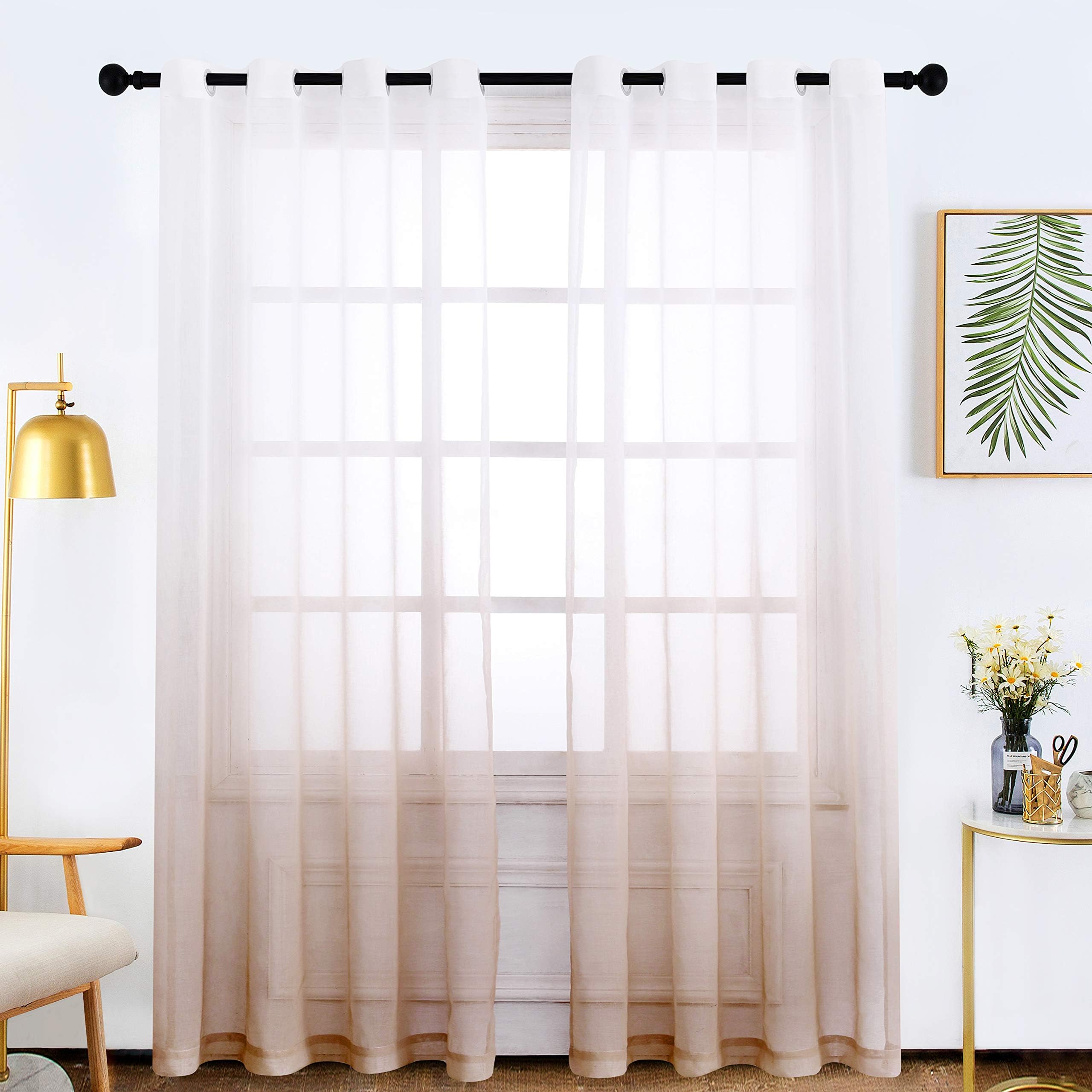 BERMINO Faux Linen Sheer Curtains Voile Grommet Ombre Semi Sheer Curtains for Bedroom Living Room Set of 2 Curtain Panels 54 x 95 inch Light Brown Gradient