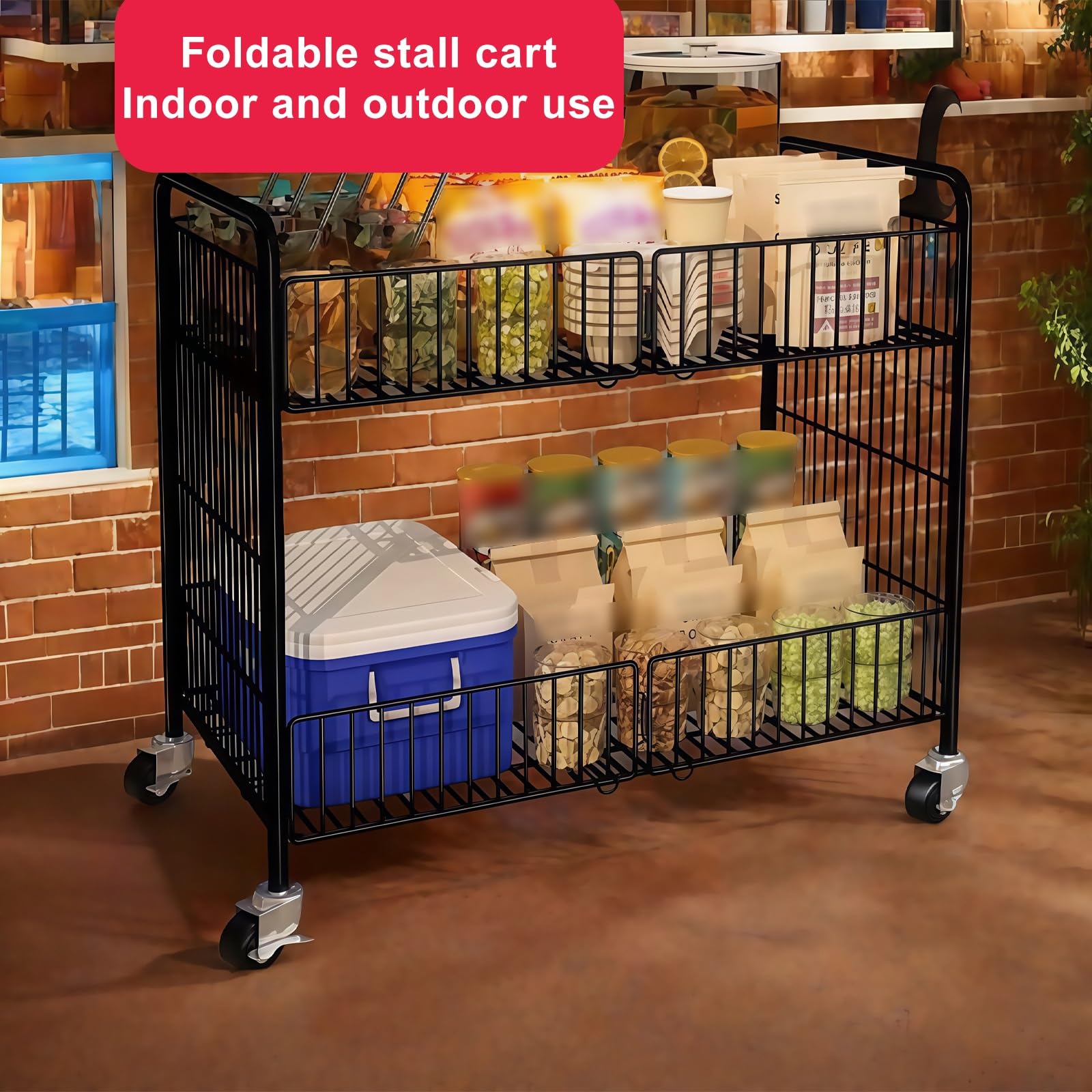 Carrello Pieghevole Portatile per Mercato, Scaffale in Metallo a 2 Ripiani per Vendita Ambulante, Espositore Mobile per Bancarelle(Black,80x55x85cm/31x22x33in)