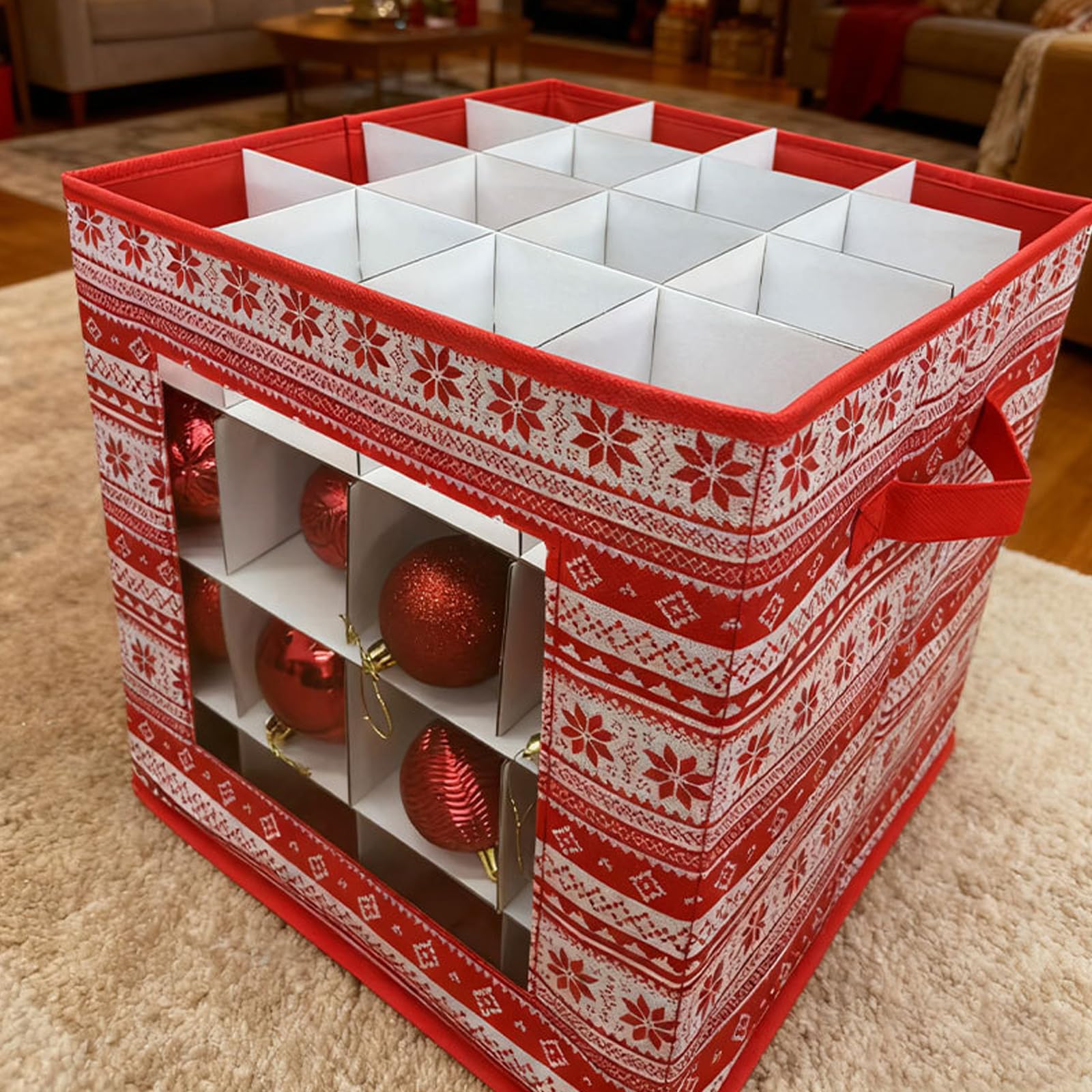 Robuster Aufbewahrungskoffer für Weihnachtskugeln aus Vliesstoff mit verstellbaren Trennwänden und sichtbarem für Etiketten Großer Aufbewahrungskoffer für Weihnachtsdekorationen mit großem