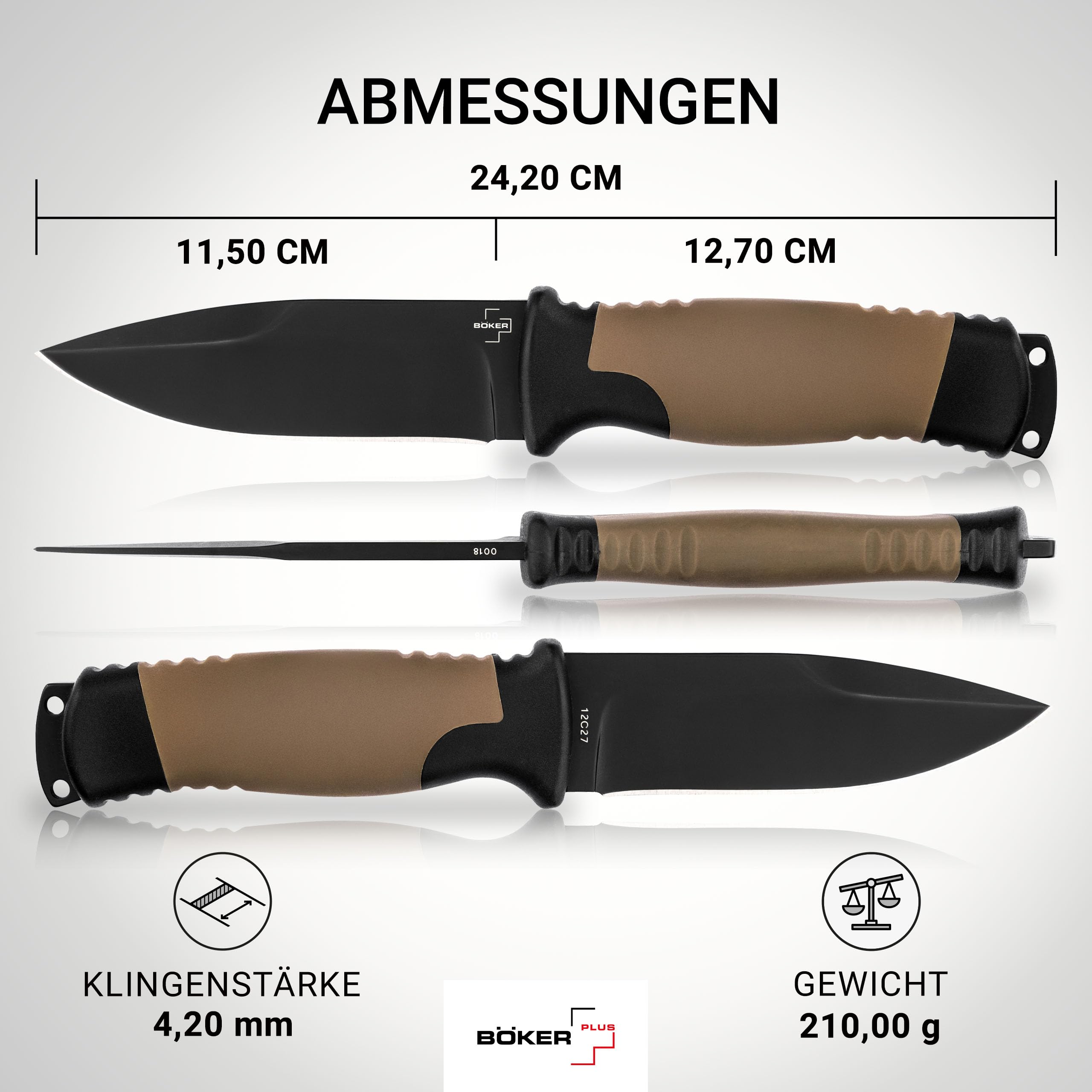 BÖKER PLUS® Desertman - feststehendes Fahrtenmesser mit 11,5 cm schwarzer Sandvik Klinge - Spearpoint Outdoor-Messer mit GFK & TPR Griff in KU-Scheide für Pfadfinder