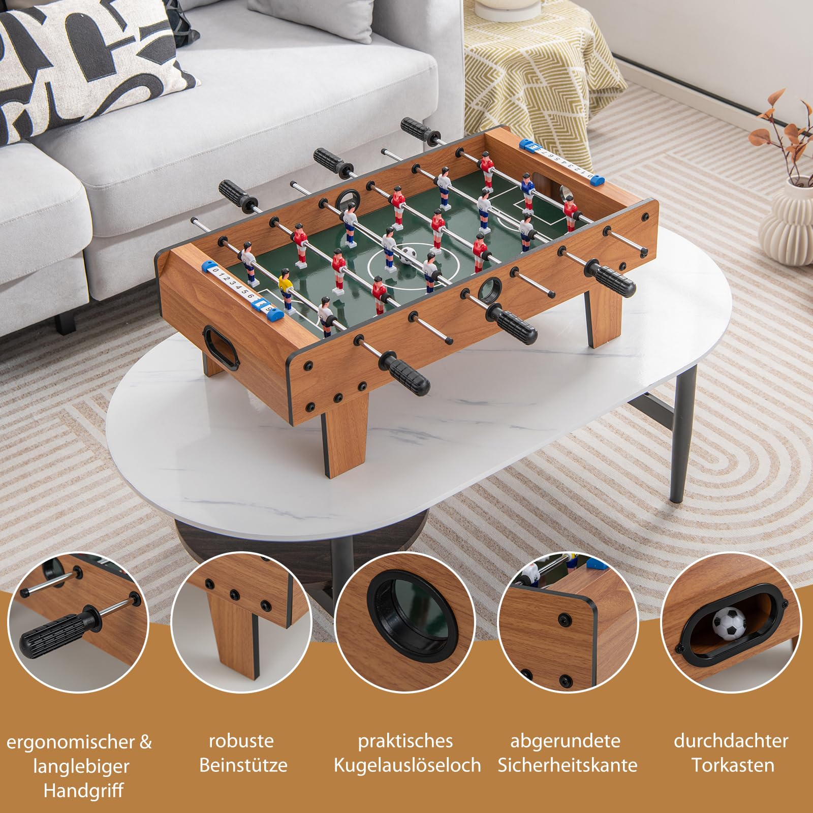 DREAMADE Tischkicker Kinder und Erwachsene, Fußballtisch mit 2 Kickerbälle & 18 Kickers, Tischfußball Spieltisch, Kickertisch aus Holz 69 x 65 x 24 cm