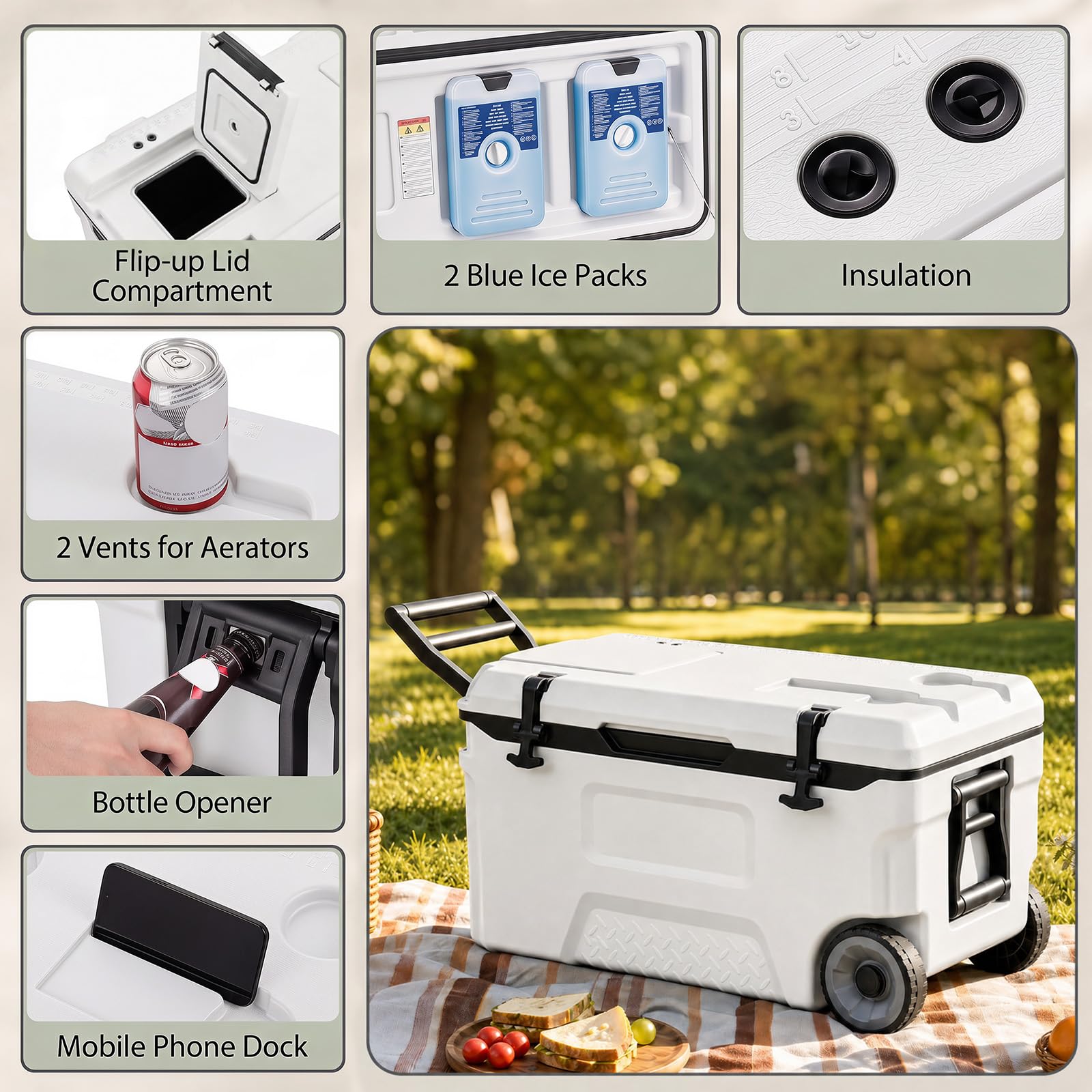 LIFEZEAL 50 L Frigo Termico Portatile 2 in 1 | Contenitore Termico Caldo e Freddo con Coperchio, 2 Sacchetti di Ghiaccio, Maniglie e Ruote per Pesca, Barbecue e Campeggio