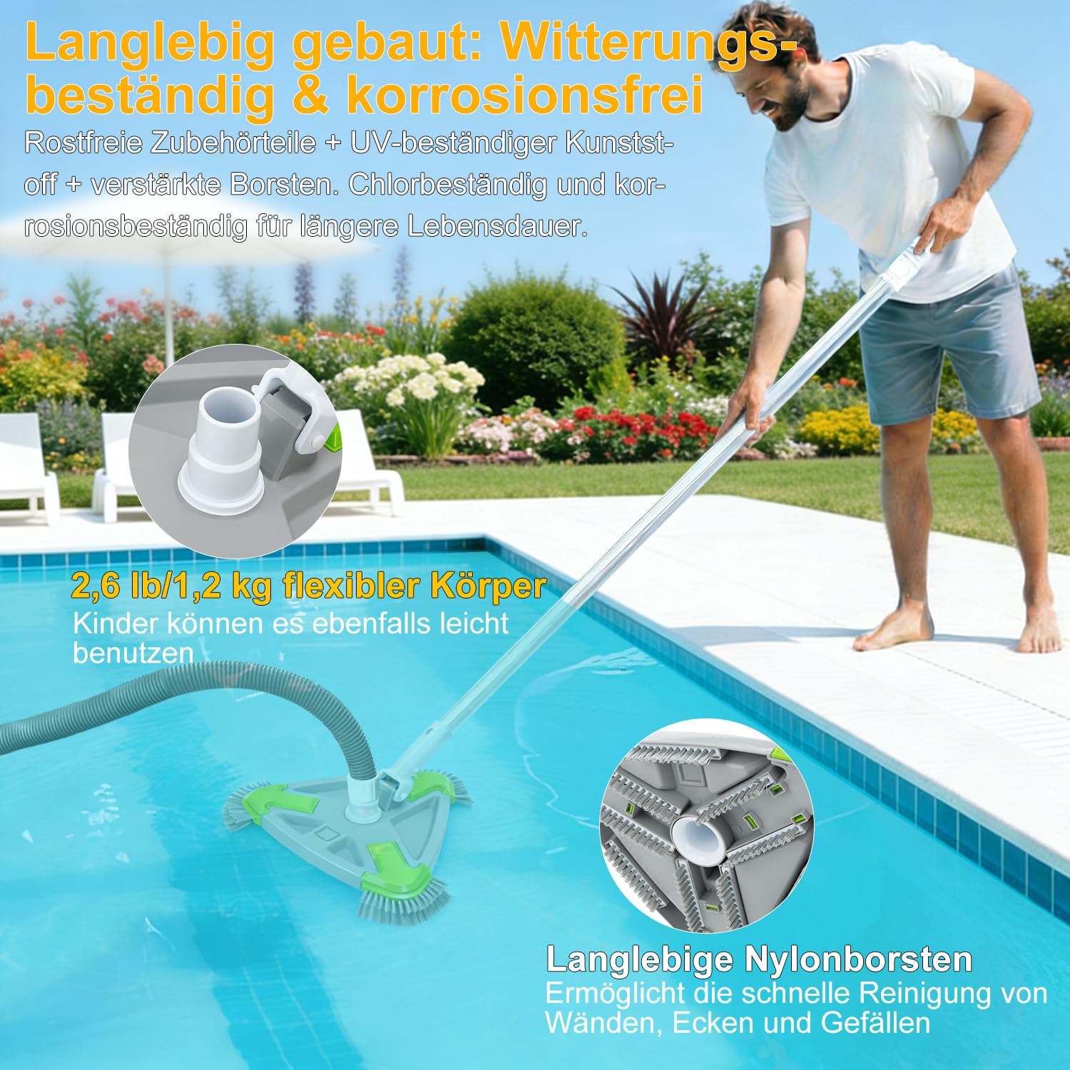 Poolbürste mit Sauganschluss 35cm Dreieck, Pool Bodensaugerbürste mit Seitenbürsten, Poolsauger Bürste für 32/38mm Schlauch, Poolreiniger für Aufstellpool & Einbaupool