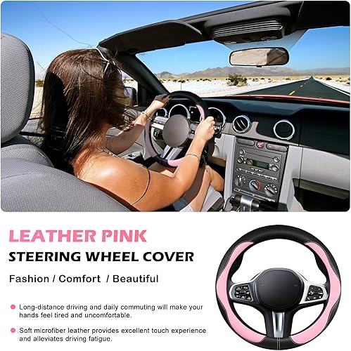 Miniatura 6 de Funda de volante rosa, antideslizante, transpirable, cómoda, de piel sintética de imitación PU, accesorios de automóvil lindos para mujeres y niñas