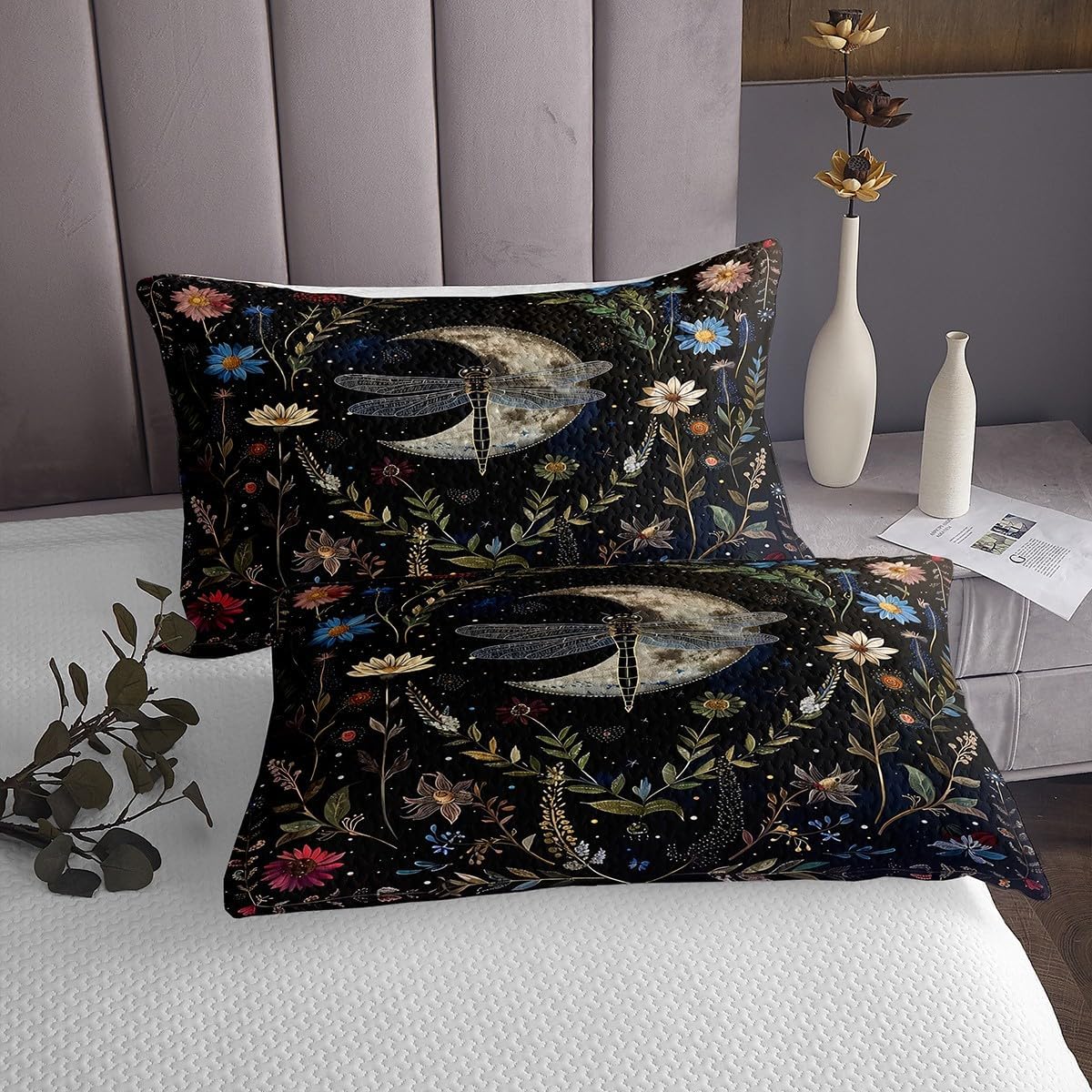 Erosebridal Kids Queen Size Dragonfly Quilt Set,Starry Sky Coverlet Set for Boys Teens Women Bedroom Decor, Wild Flower Bedspread Set Boho Floral Galaxy Bed Set 3 Piece with 2 Pillow Cases