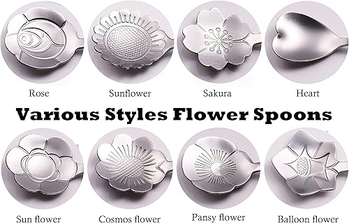 Miniatura 2 de Juego de 9 cucharas de café con diseño de flores, cucharas de té de acero inoxidable para decoraciones de fiesta de té (plateado)