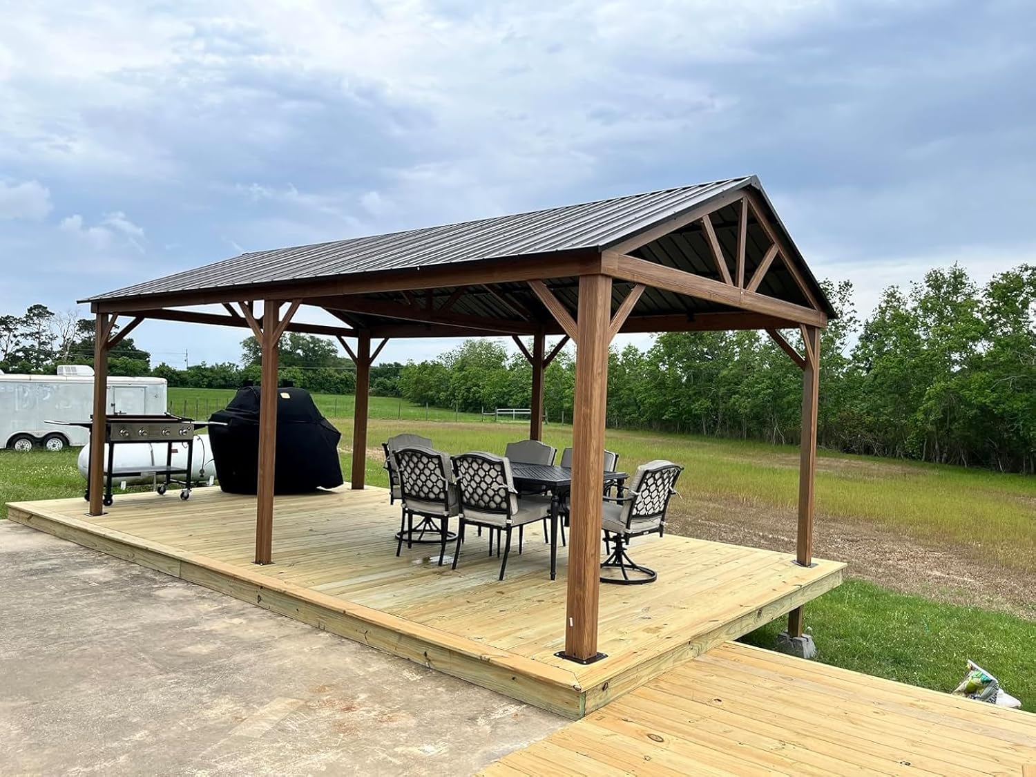 Domi 12’ x 20’ Hardtop Gazebo, Wooden Coated Aluminum Frame Canopy with Galvanized Steel Gable Roof, Outdoor Permanent Metal Pavilion for Patio, Deck and Lawn
