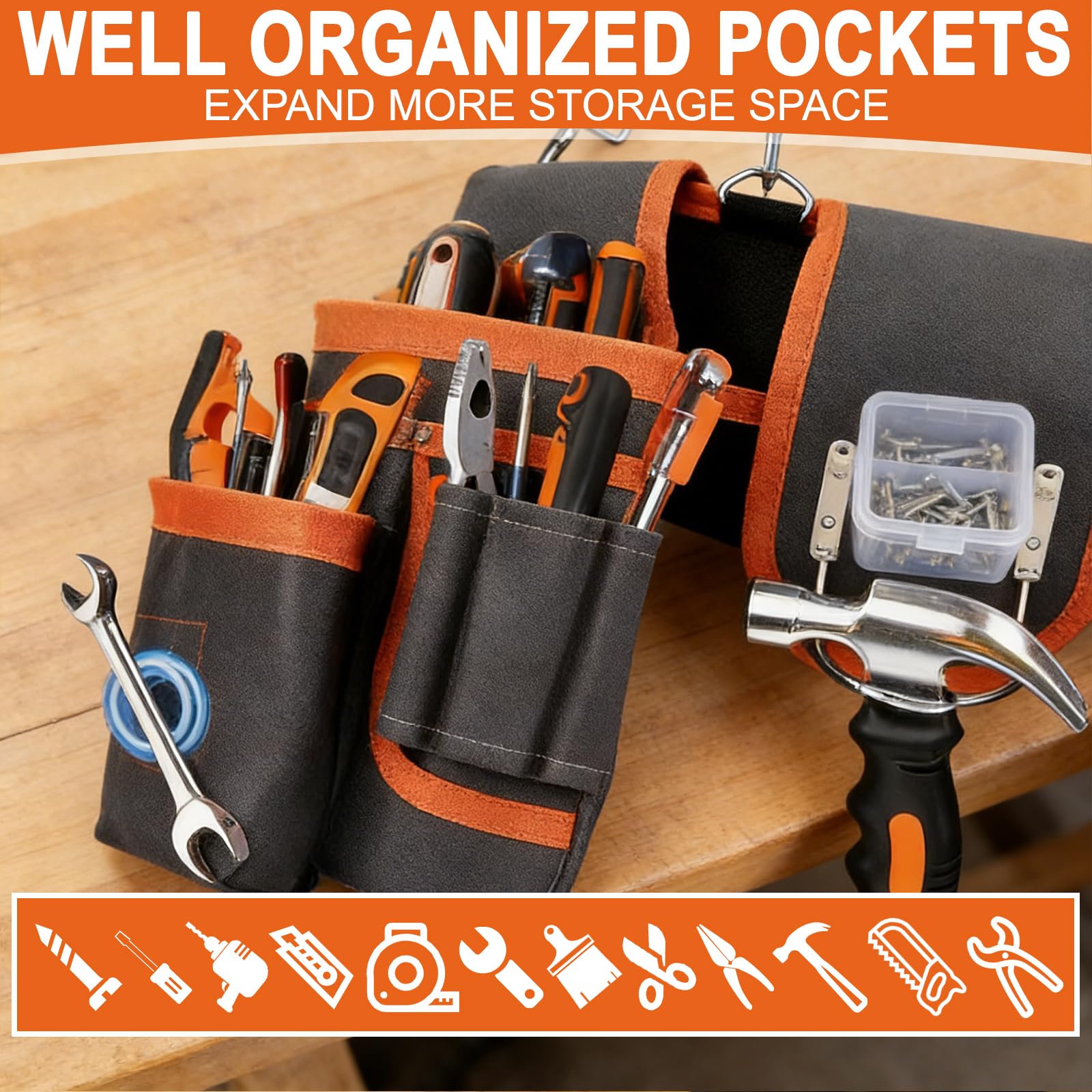 Cintura portautensili con 26 tasche, tasche magnetiche per attrezzi da uomo, tasche rimovibili per attrezzi per artigiani elettricisti idraulici