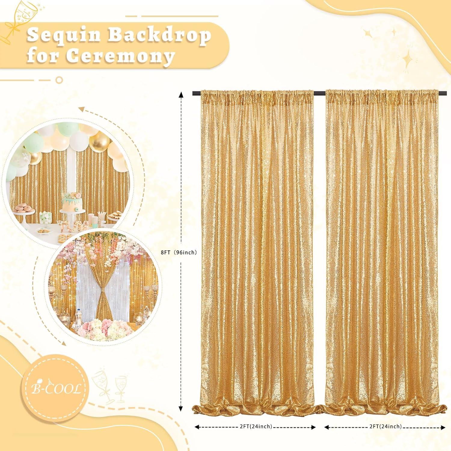 B-COOL Gold Sequin Backdrop Curtain 2 Packs 2ftx8ft Gold Curtains for Wedding Party Backdrop Drapes for Birthday Party Photography Stage Background Decorations