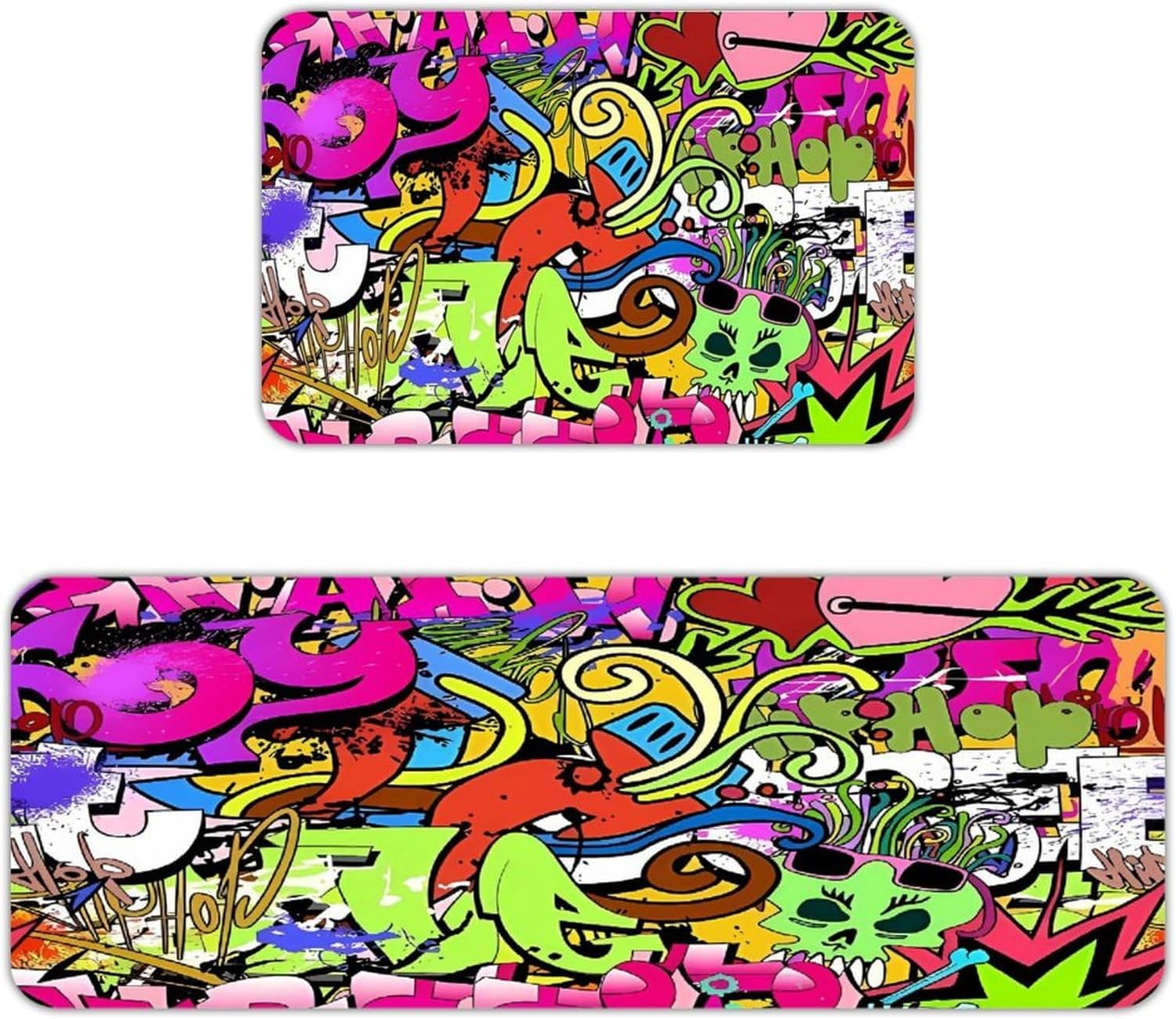 Graffiti Drawing Kitchen Mats with 2PCS Non-Slip Washable,Kitchen Rug Heavy Duty Durable, Floor Mats for Kitchen,Office,Sink,Laundry