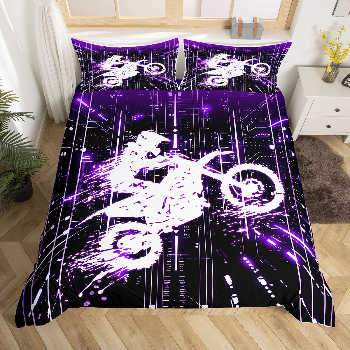 Homemissing Kids Dirt Bike Bedding Set Super King Size, Racing Motocross Rider Duvet Cover Boys Girls Motorcycle Comforter Cover Motorbike Teens Bedspread Cover Quilt Cover 3Pcs (No Comforter) — image 1