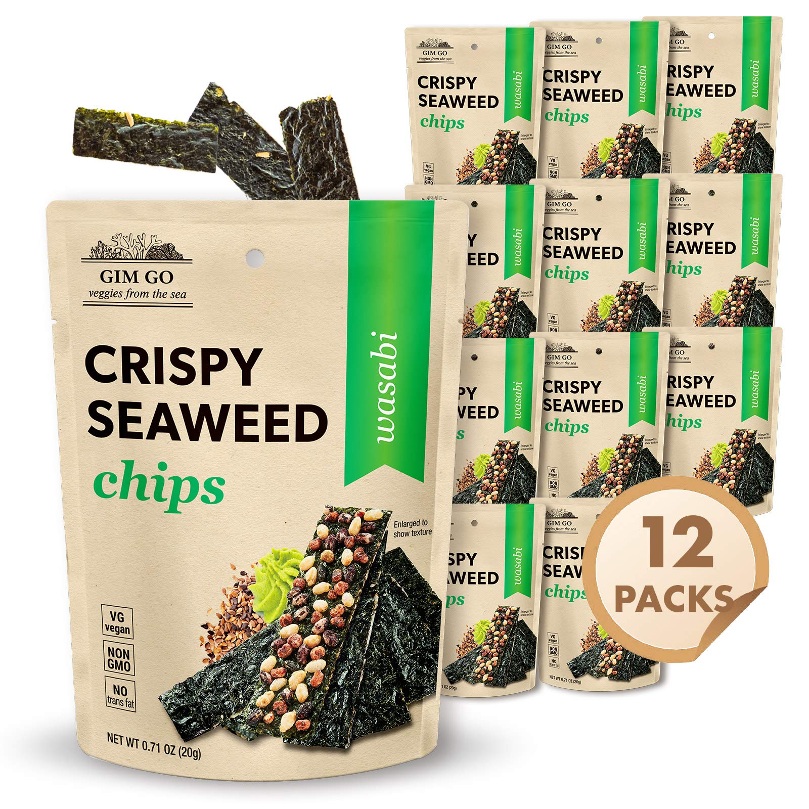 Gimgo On the Go Vegan Seaweed Crunchy Snacks, Low Calorie, Low Sugar, Low Carb, 3g of Protein Chips, Roasted Layered Korean Kelp Nori, Bite-sized (Wasabi, Pack of 12)