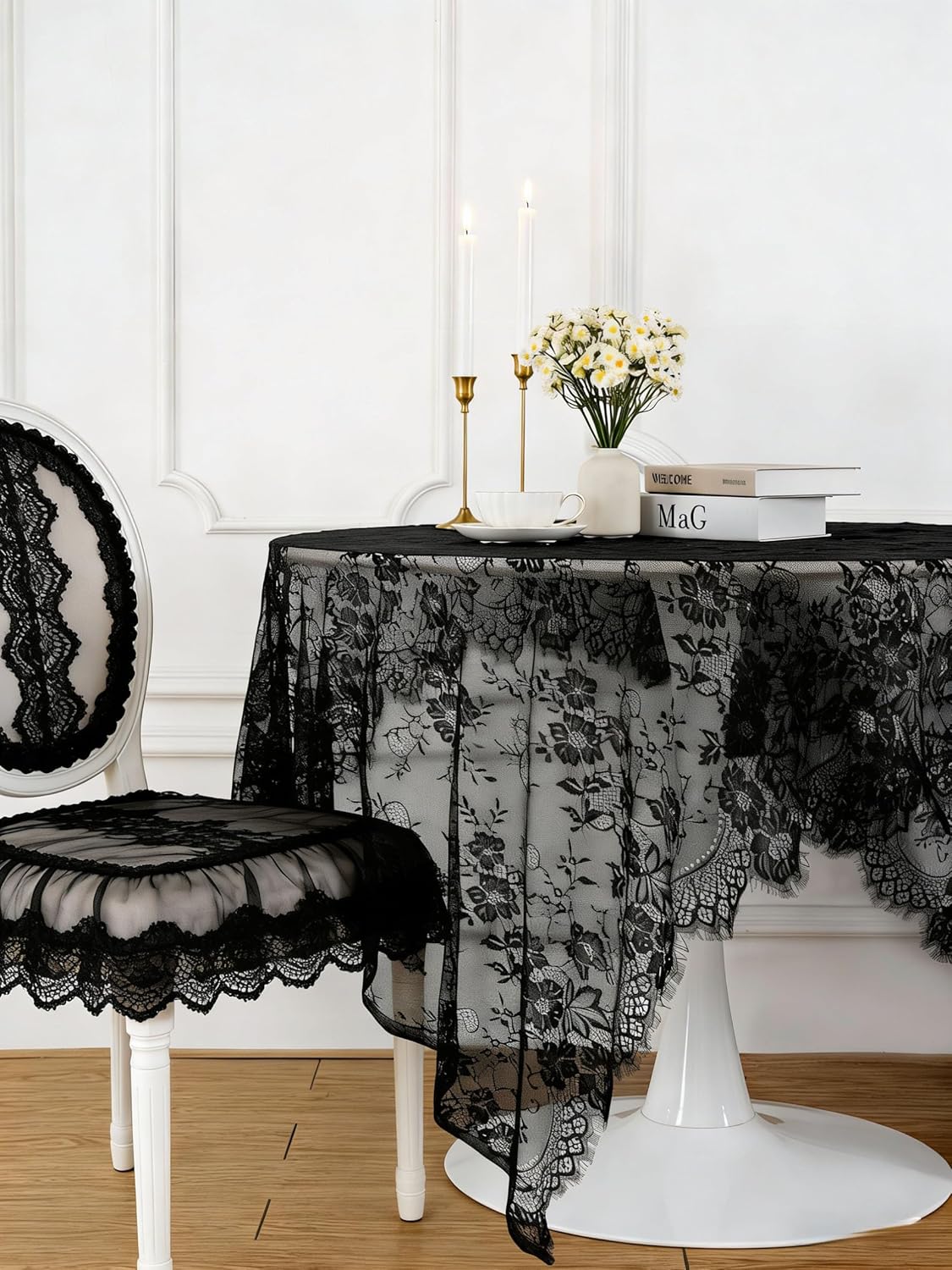 Black Tablecloth Lace Table Fabric 2pcs 60x120 Inch for Scary Movies Rustic Wedding Bridal Shower Halloween Party Decoration Rectangle Overlay Vintage Embroidered Reception Table Cloth Decor