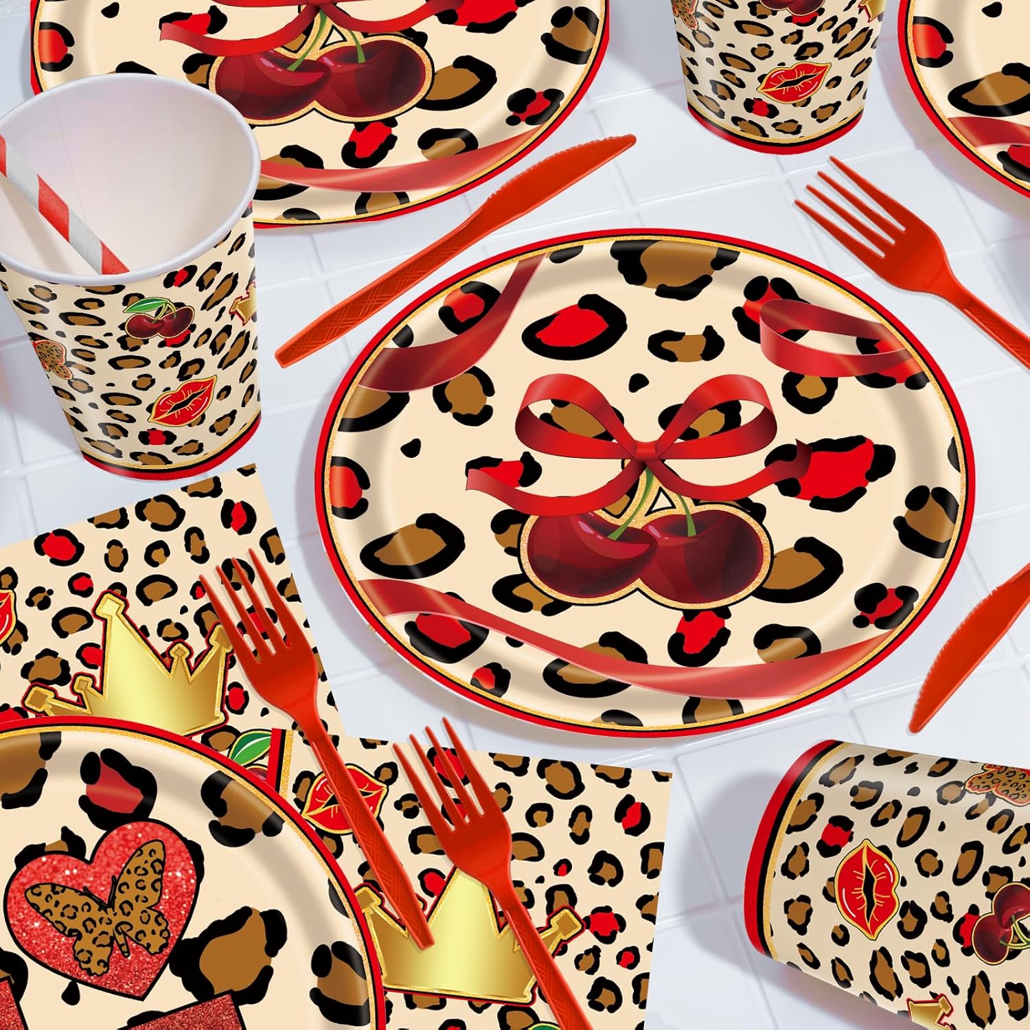 121Pcs Cheetah Print Birthday Decorations 12-Guest Set, Reusable Red Leopard Backdrop & Banners, Y2K Party Decorations, Cheetah Print Balloons, Plates & Napkins for Bachelorette & Girls Night Out