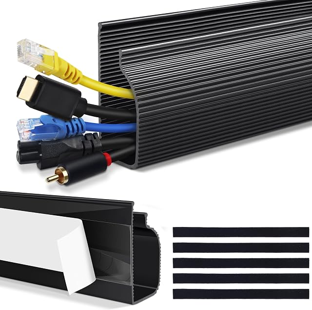 Cable Management Under Desk (31.5in J Channel 2 x 15.7in) Self Adhesive Cable Raceways Cable Channel, Easy to Install Cord Cover Cable Hider Desk Cord Organizer Electrical Cord Management Black