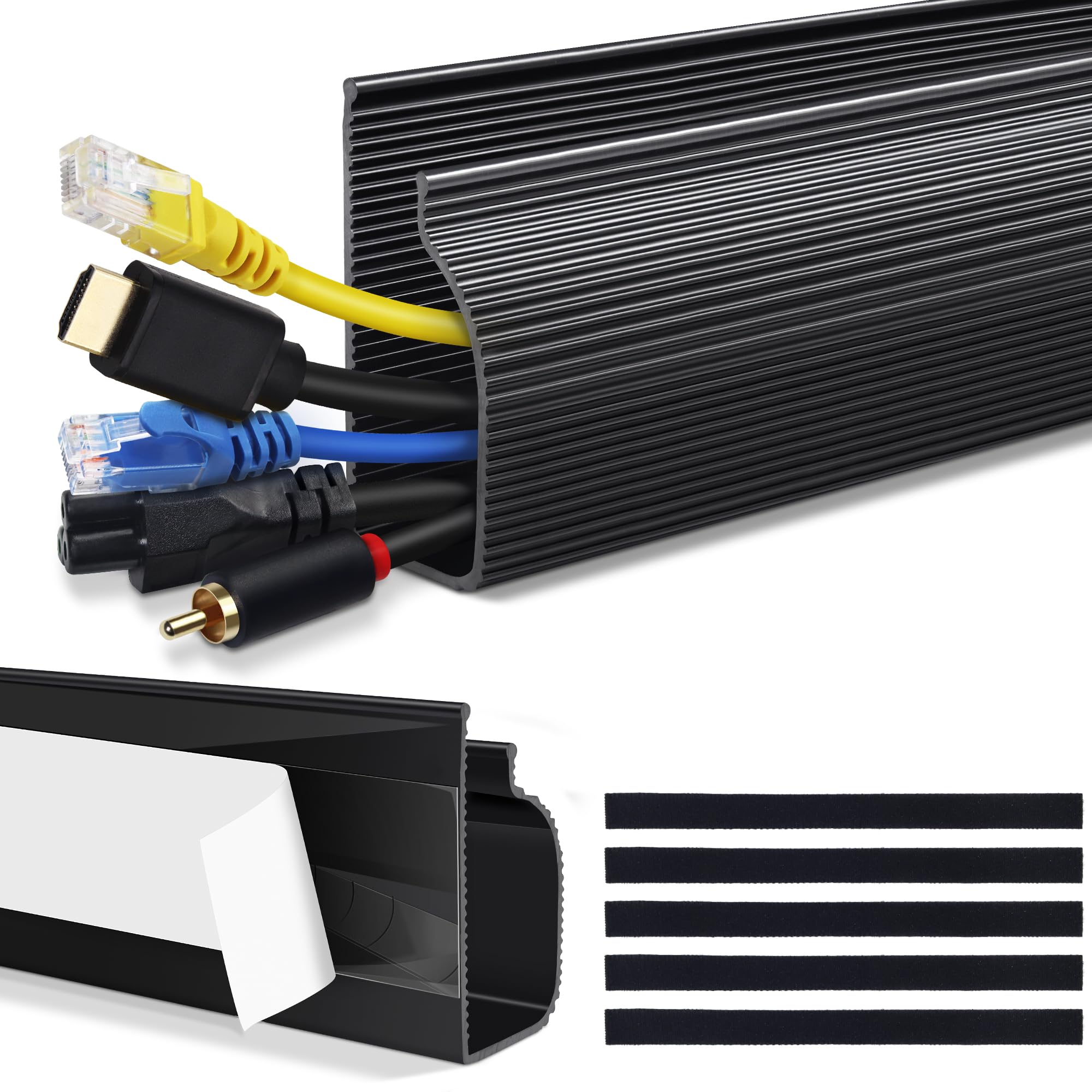 Cable Management Under Desk (31.5in J Channel 2x15.7in) Self Adhesive Cable Raceways Channel, Easy to Install Cord Cover Hider Desk Cord Organizer Electrical Black