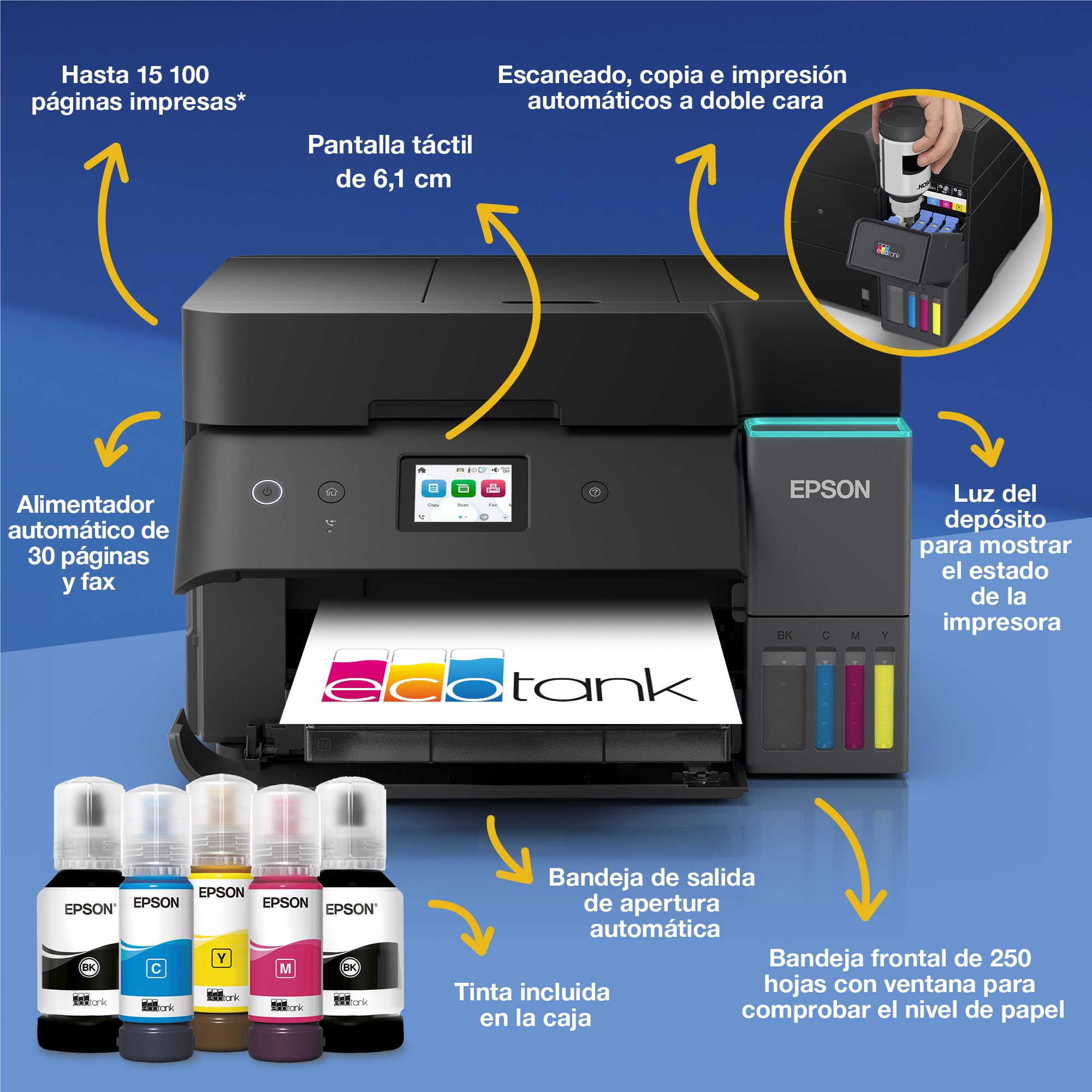 Epson EcoTank ET-4950 Impresora de Depósito de Tinta | Teletrabajo | Wi-Fi, Ethernet | A4 | Doble Cara | Imprime, Copia, Escanea, Fax | Pantalla Táctil 6,1cm | ADF | Tinta Incluida Para 3 Años