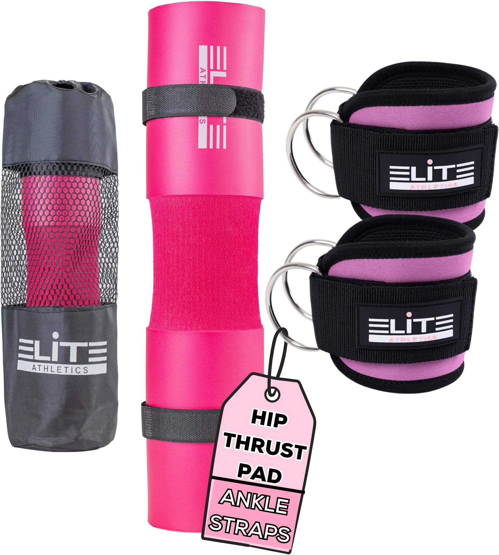 Barbell Squat Pad for Women & Pair of Gym Ankle Straps for Cable Machines with Secure Straps & Carry Bag - Pink Hip Thrust Foam Squat Bar - Thick Foam Cushion