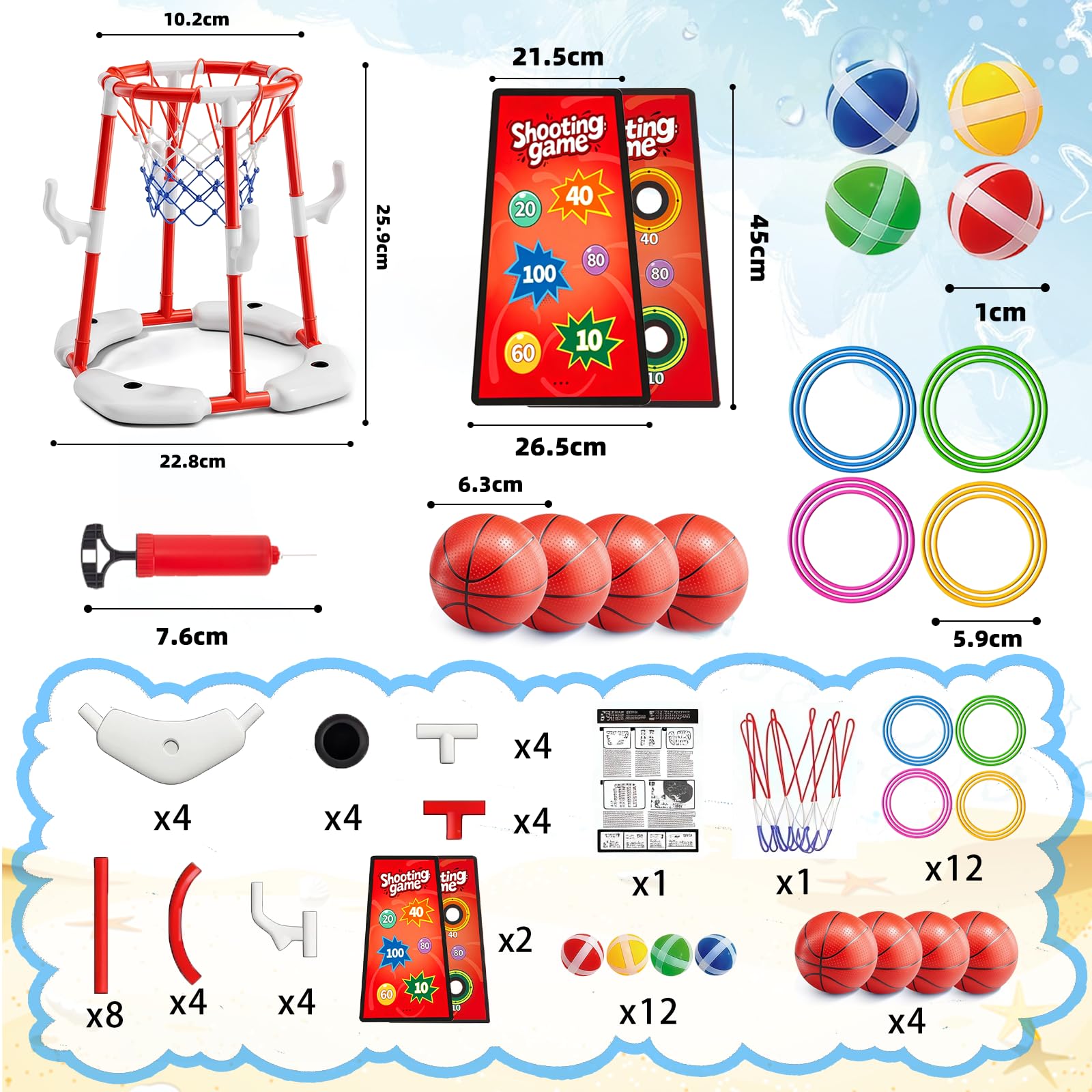 Ronronner Panier de basketball 3 en 1 pour piscine, jouet de piscine avec lancement de balle collante et lancement d'anneaux, 12 balles adhésives, 4 ballons de basket-ball, jouet aquatique pour