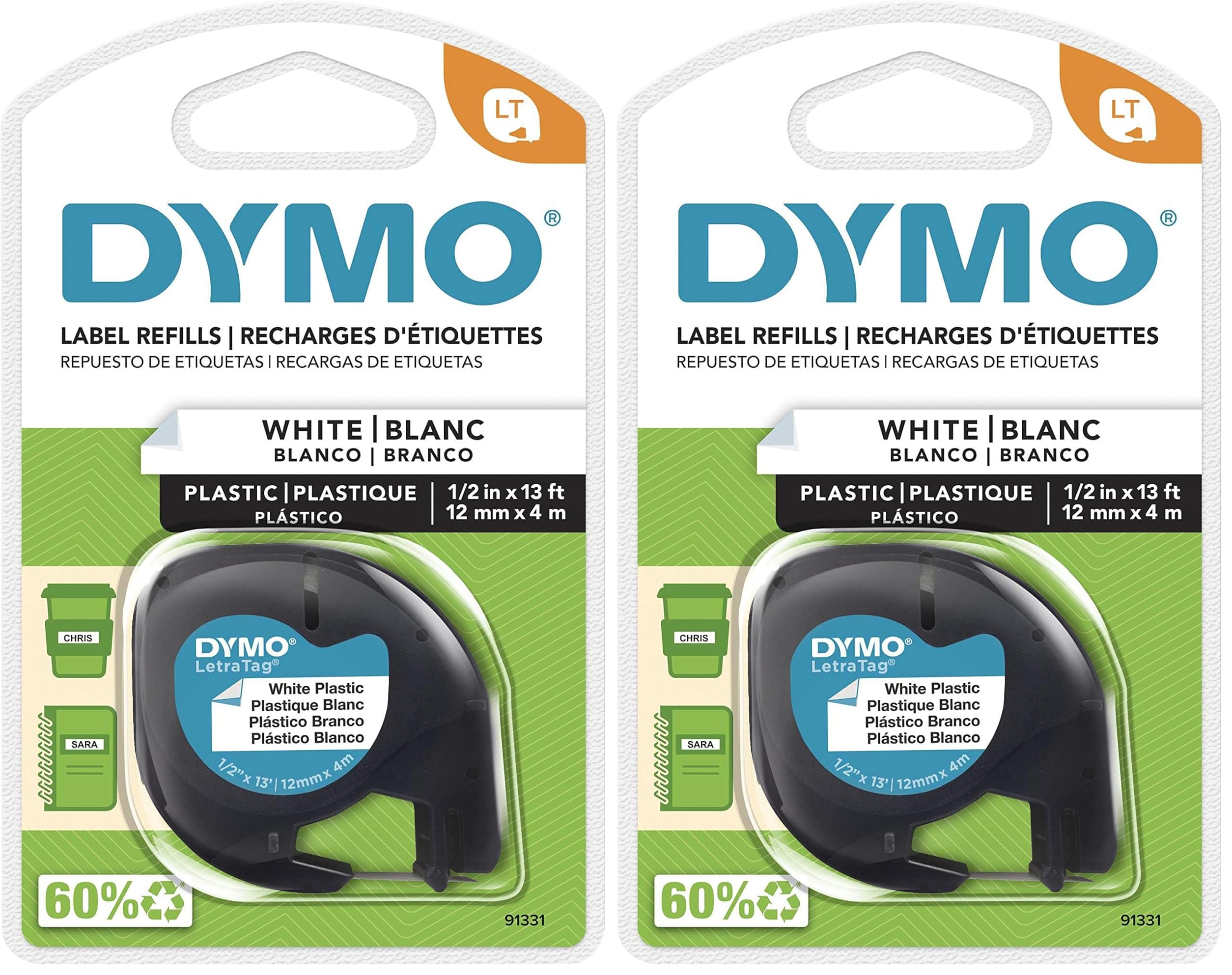DYMO 91331 LetraTag Labeler Plastic Tape 12mm x 4M White (Pack of 2) - 1 Count (Pack of 2)
