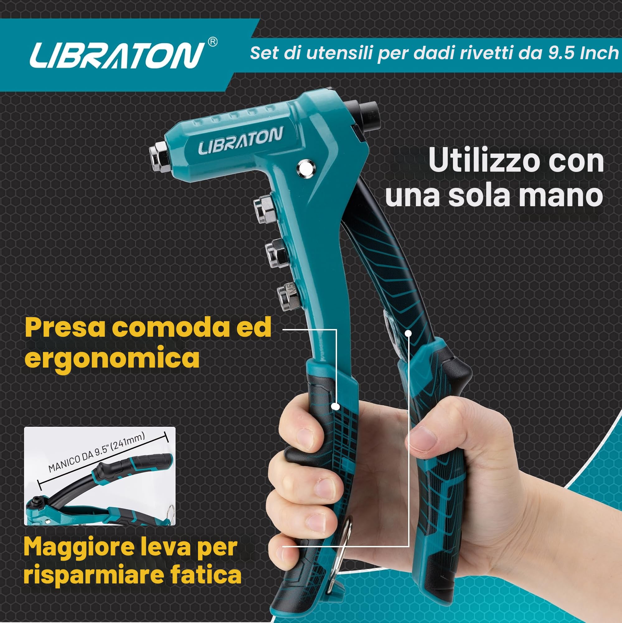 Libraton Dado Rivettatrice Professionale da 9,5", Pistola per Rivetti Inserti Filettati, Pinza Manuale a Rivetti Dadi, con 40pz Dadi M3, M4, M5, M6, Mandrini Intercambiabili 4pz, per Inserti Filettati