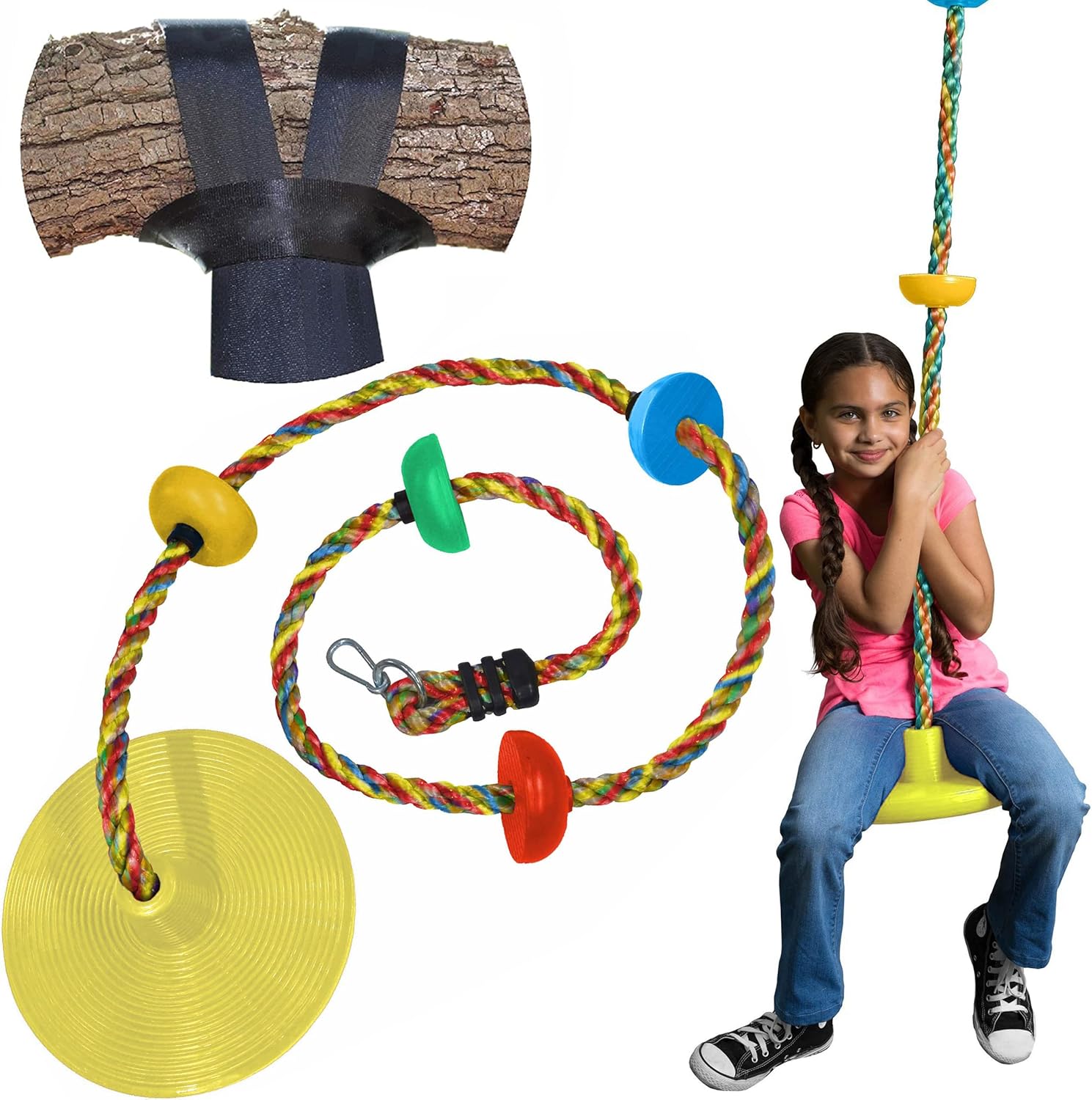 Jungle Gym Kingdom Tree Swing for Kids - Single Disc Seat and Rainbow Climbing Rope Set w/ Carabiner and 4 Foot Strap - Treehouse and Outdoor Playground Accessories - Yellow : Toys & Games