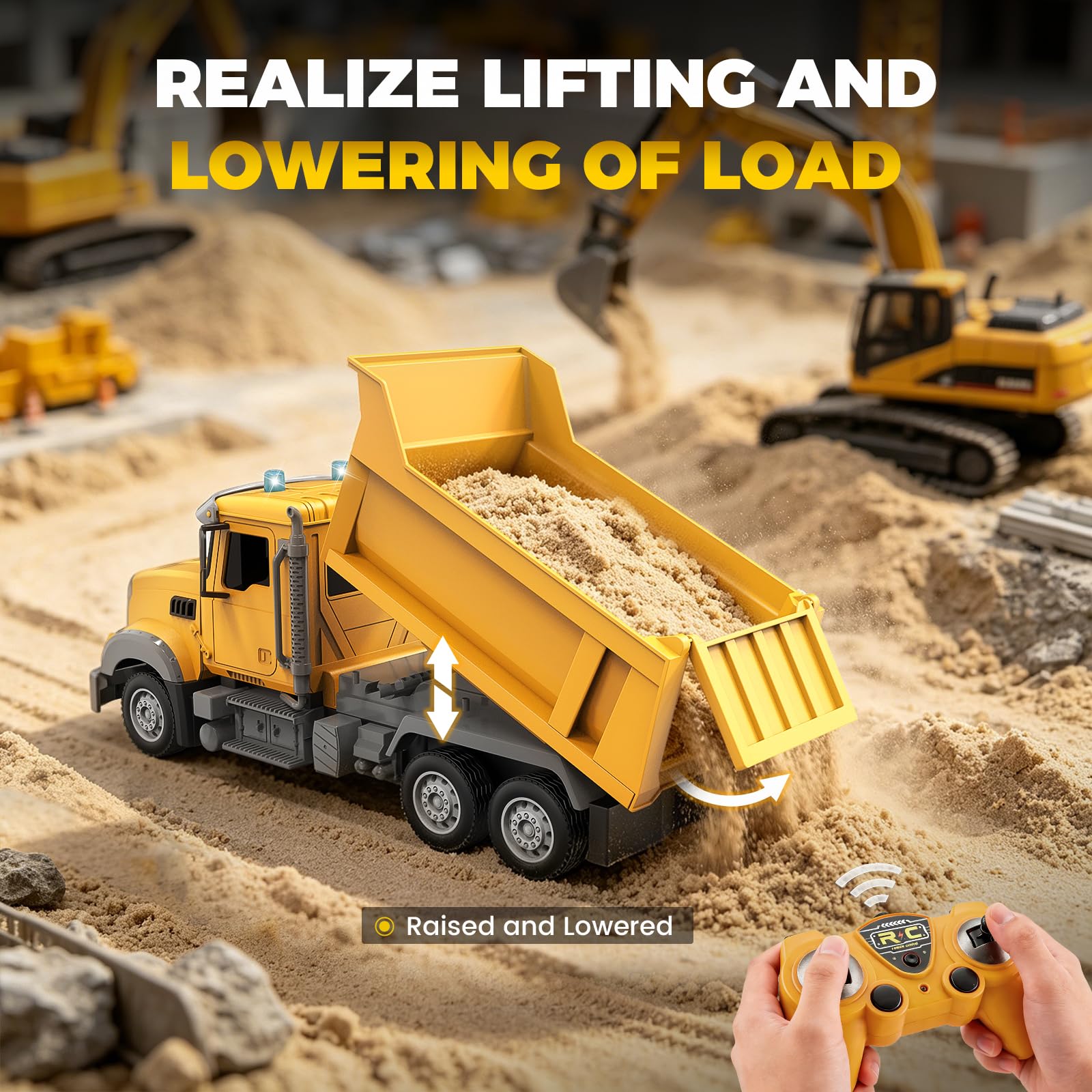 YESHIN 1:24 RC Kipper LKW, 6 Kanal Ferngesteuerter Baustellen LKW mit Licht, 2.4GHz Funksteuerung, Elektrische Kippmulde, Offroad Baufahrzeug Spielzeug für Kinder Jungen
