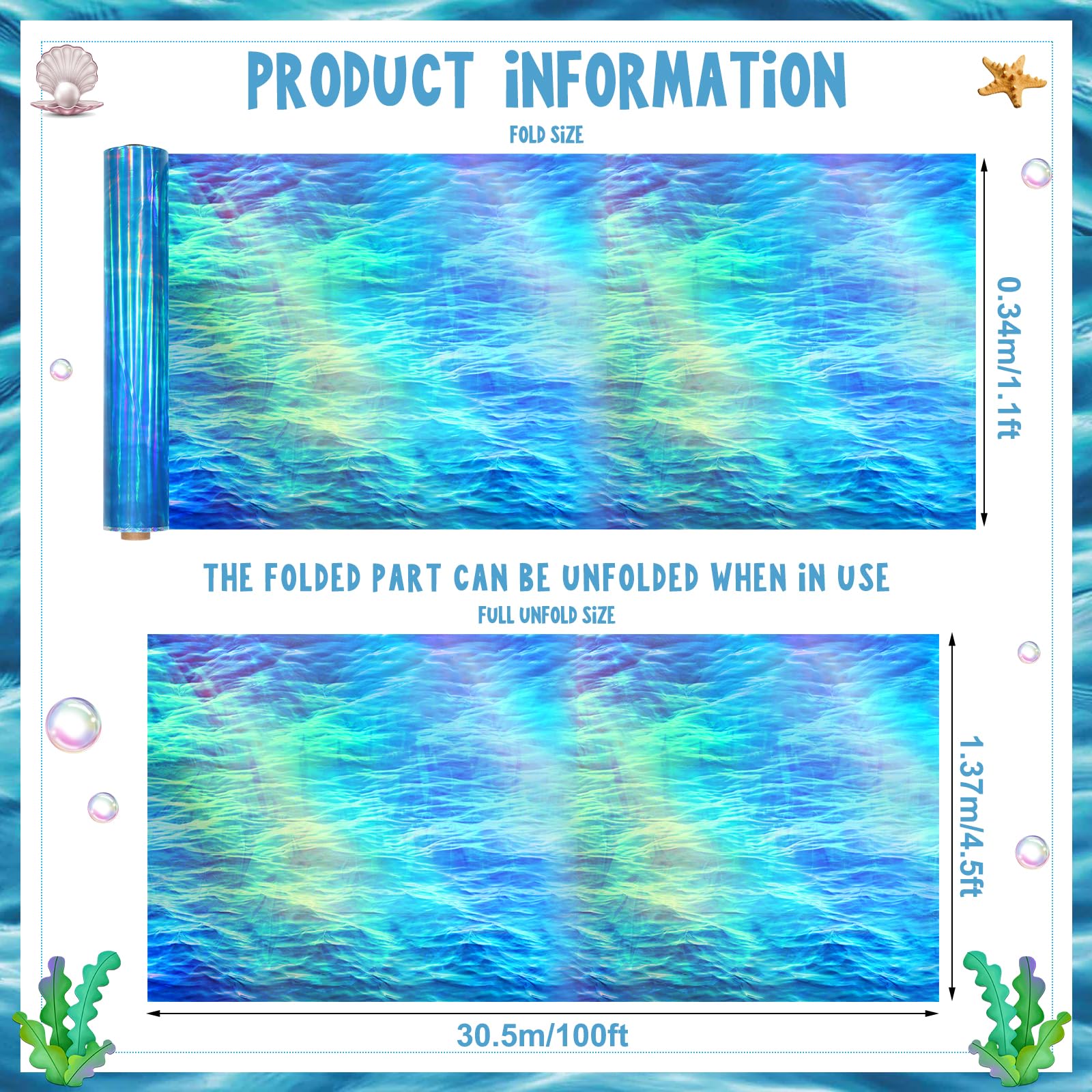 Hallswl 1 Rolle Einweg-Tischdecke aus Kunststoff, wasserfest, schillernd, Tischdecken, Hintergrund für Ozean, unter dem Meer, Meerjungfrau, Pool, Strand, Party, Dekoration, 30,5 m x 137,2 cm