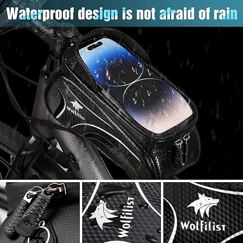 Miniatura 5 de WOLFILIST Bolsa de bicicleta  Bolsa impermeable para marco de bicicleta con cubierta de lluvia para visera solar, soporte de teléfono para bicicleta