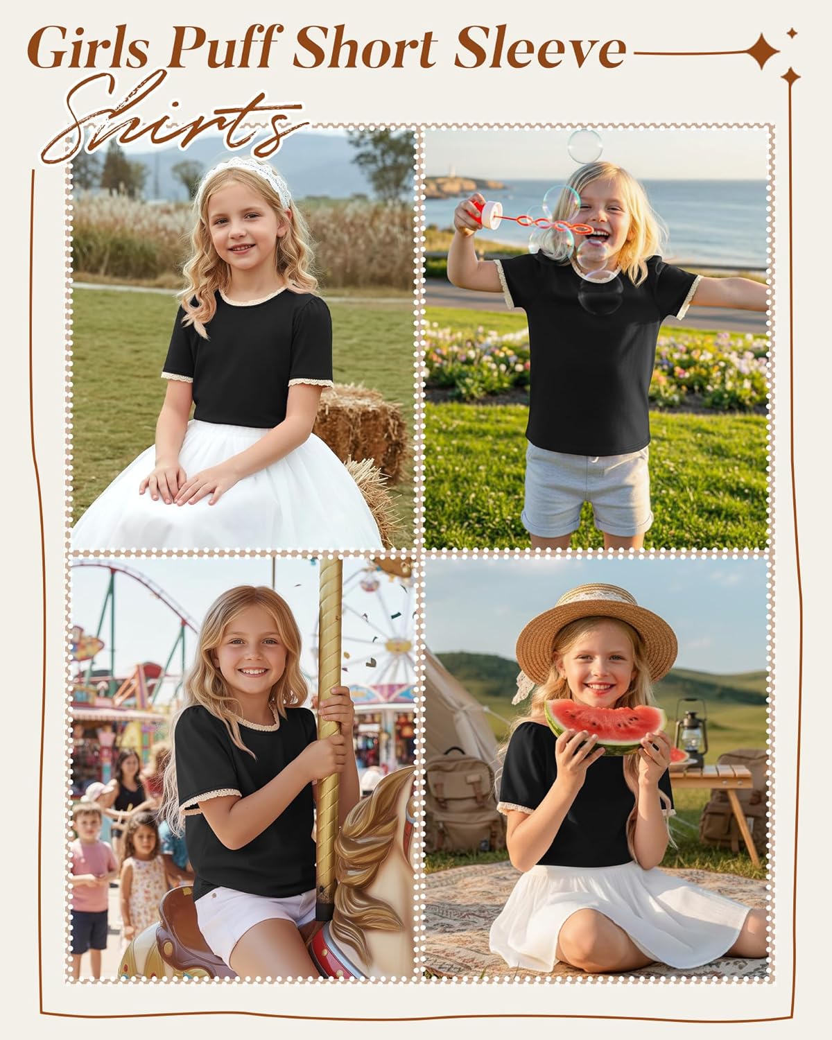 Girls Puff Short Sleeve Shirts Lace Crewneck Lettuce Trim Top Kids Tween Comfy Summer Cute Toddler Uniform Tee - Image 2